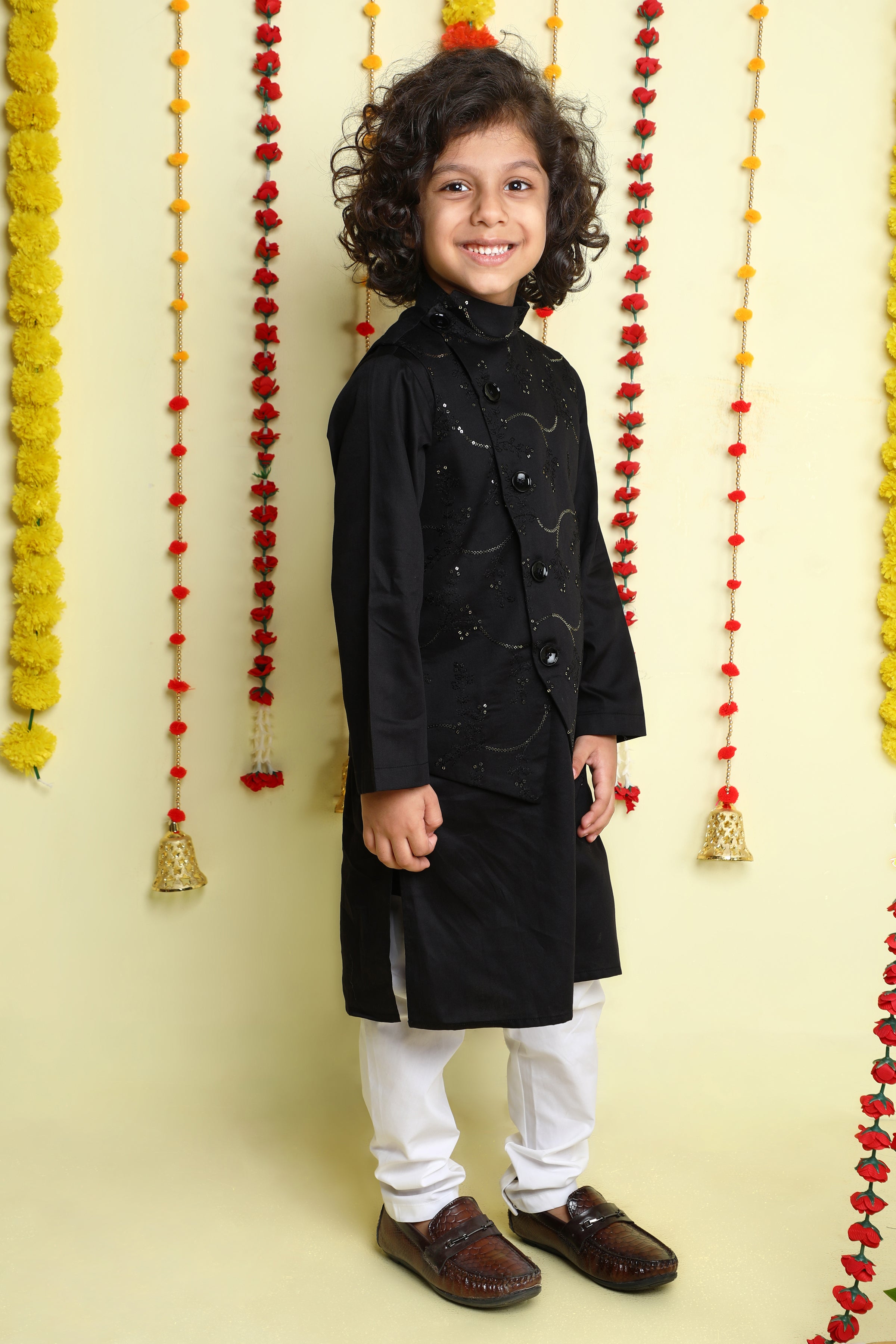 Black Kurta Set with Sequined Jacket