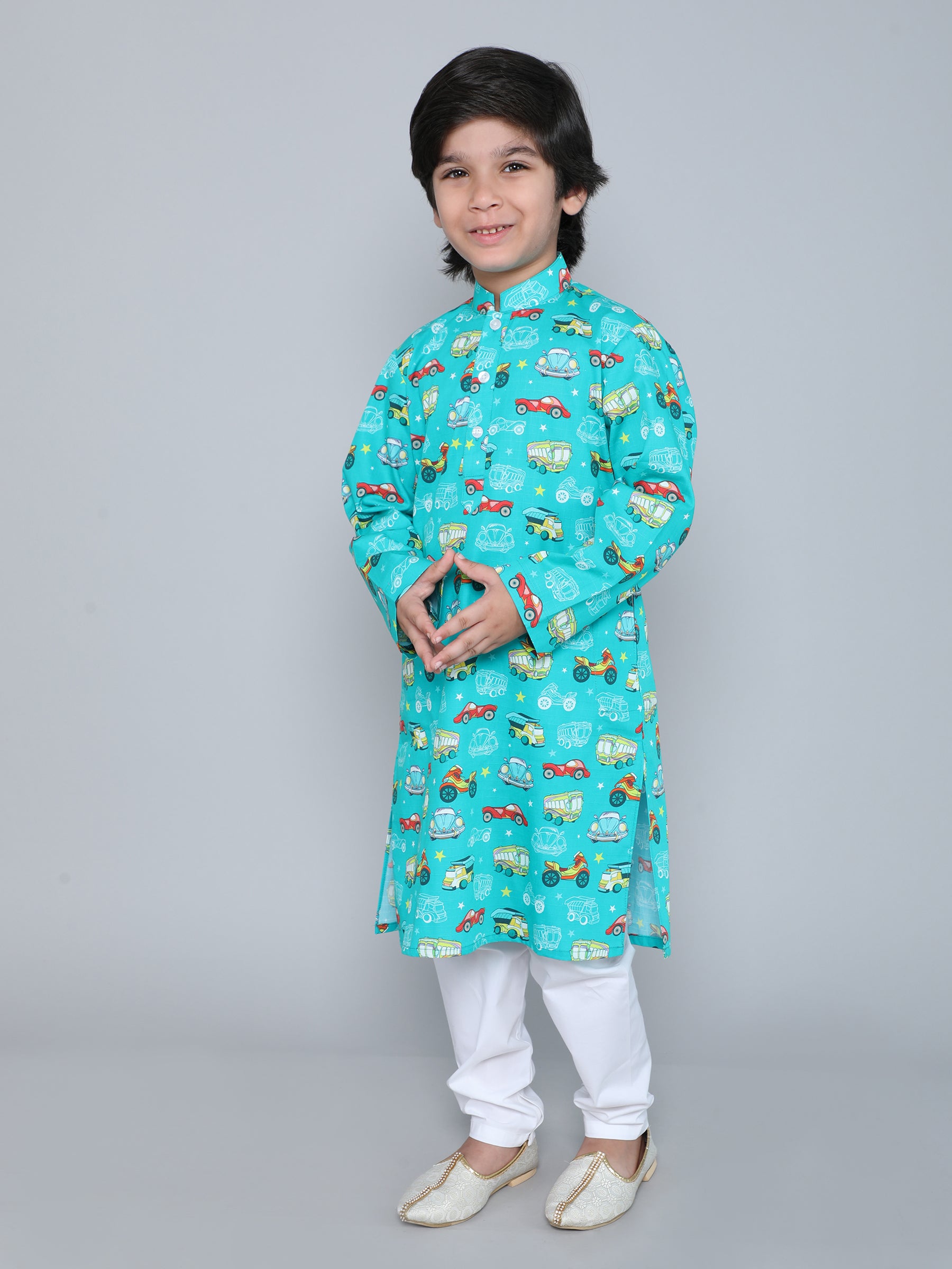 Cotton car Print Kurta Set - Teal
