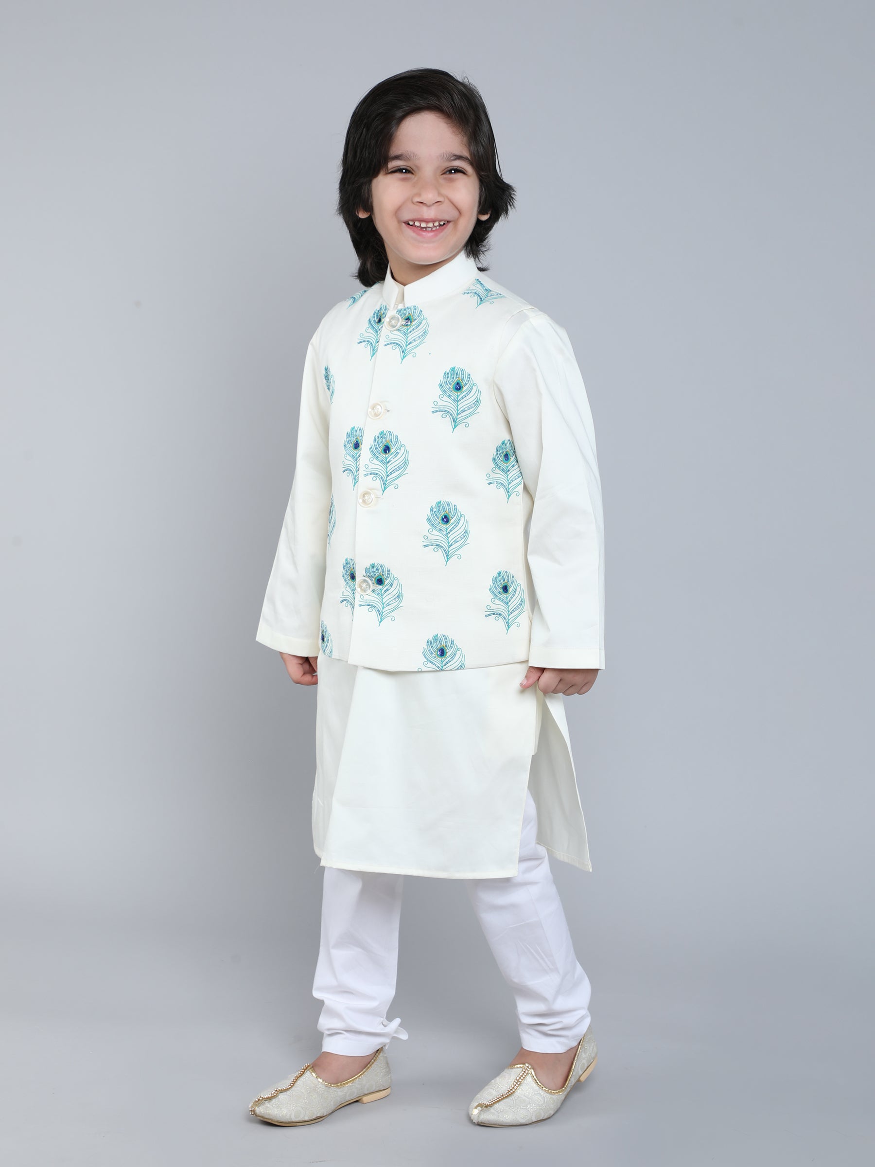 Ivory Kurta Set with Peacock Feather Embroidered Nehru Jacket