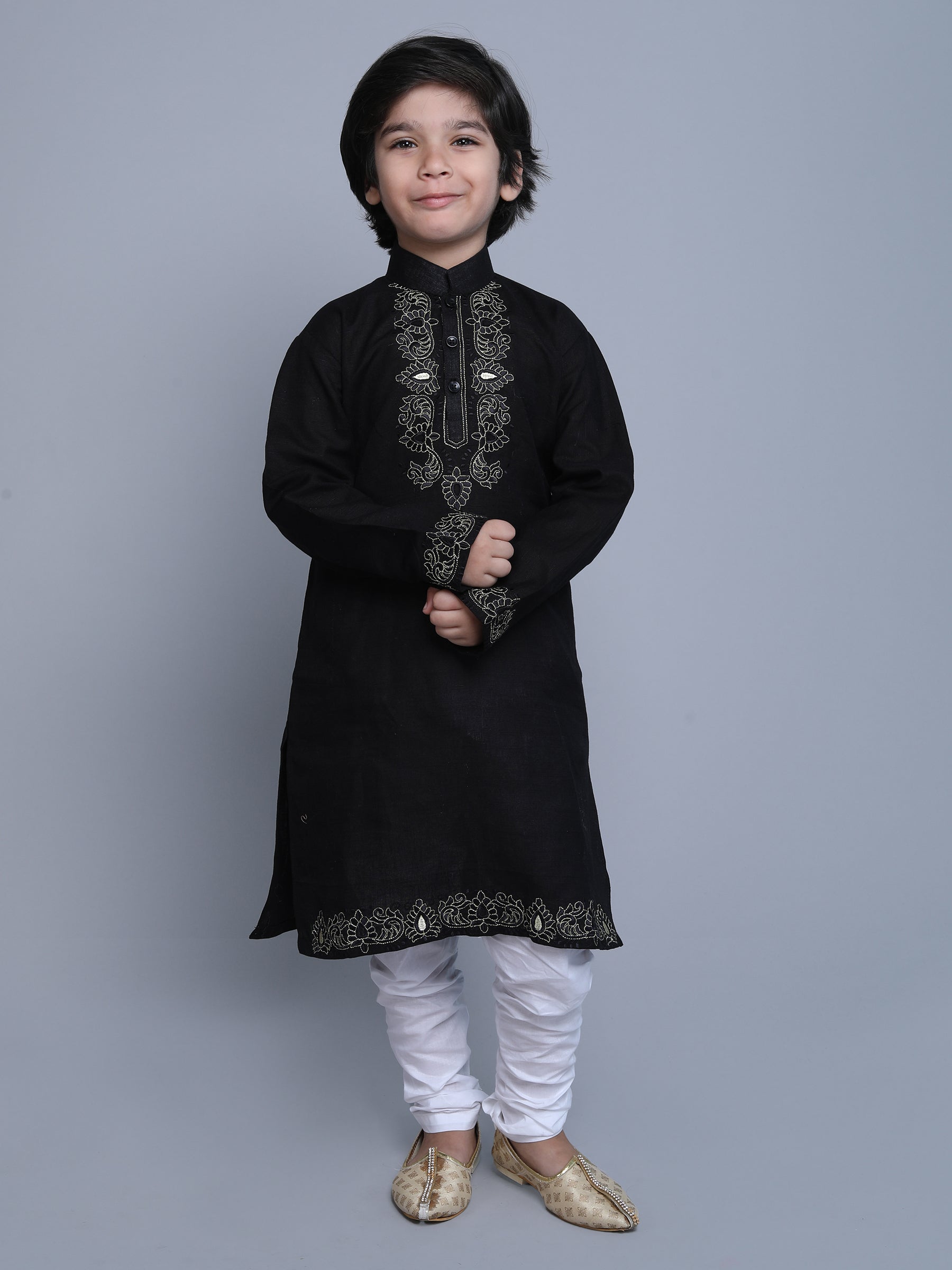Pure Linen Kurta Set -  White color embroidery - Black
