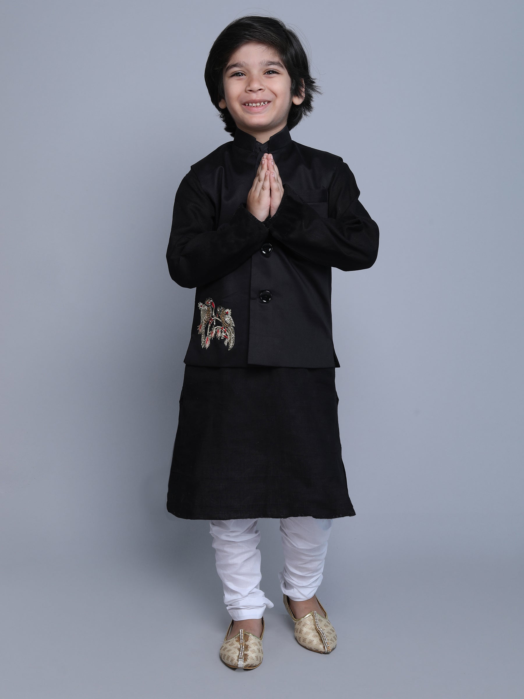 Pure Linen 3pcs Kurta Set -  Gold color embroidery - Black