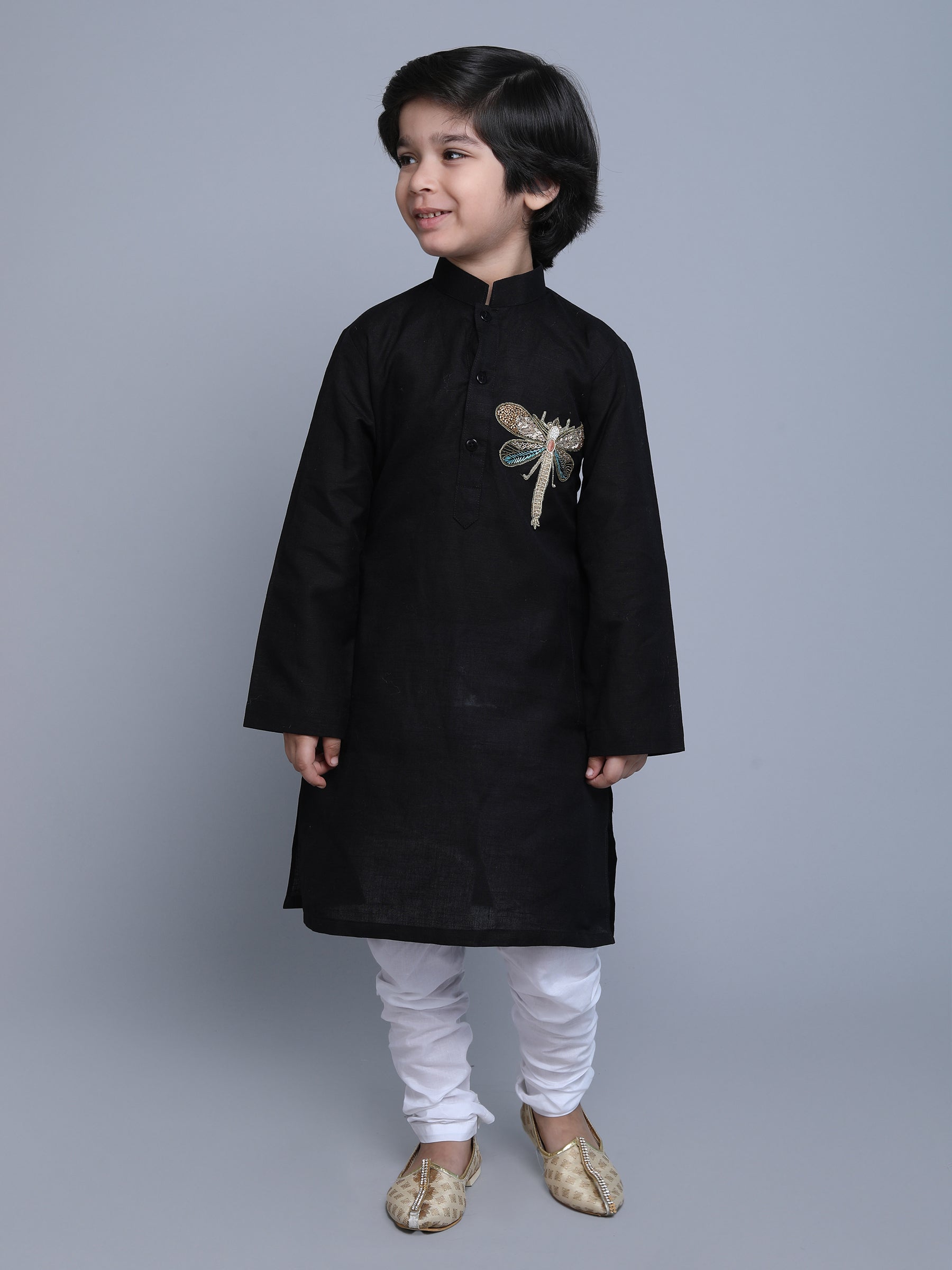 Pure Linen Kurta Set -  colored embroidery - Black