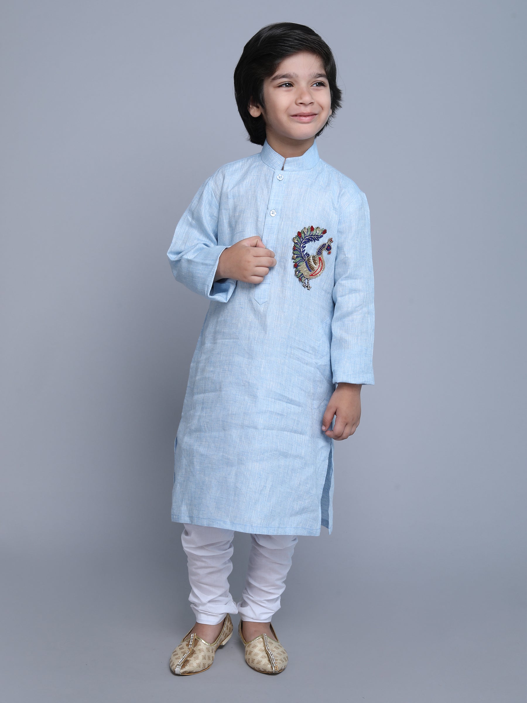 Pure Linen Kurta Set -  colored embroidery - Blue
