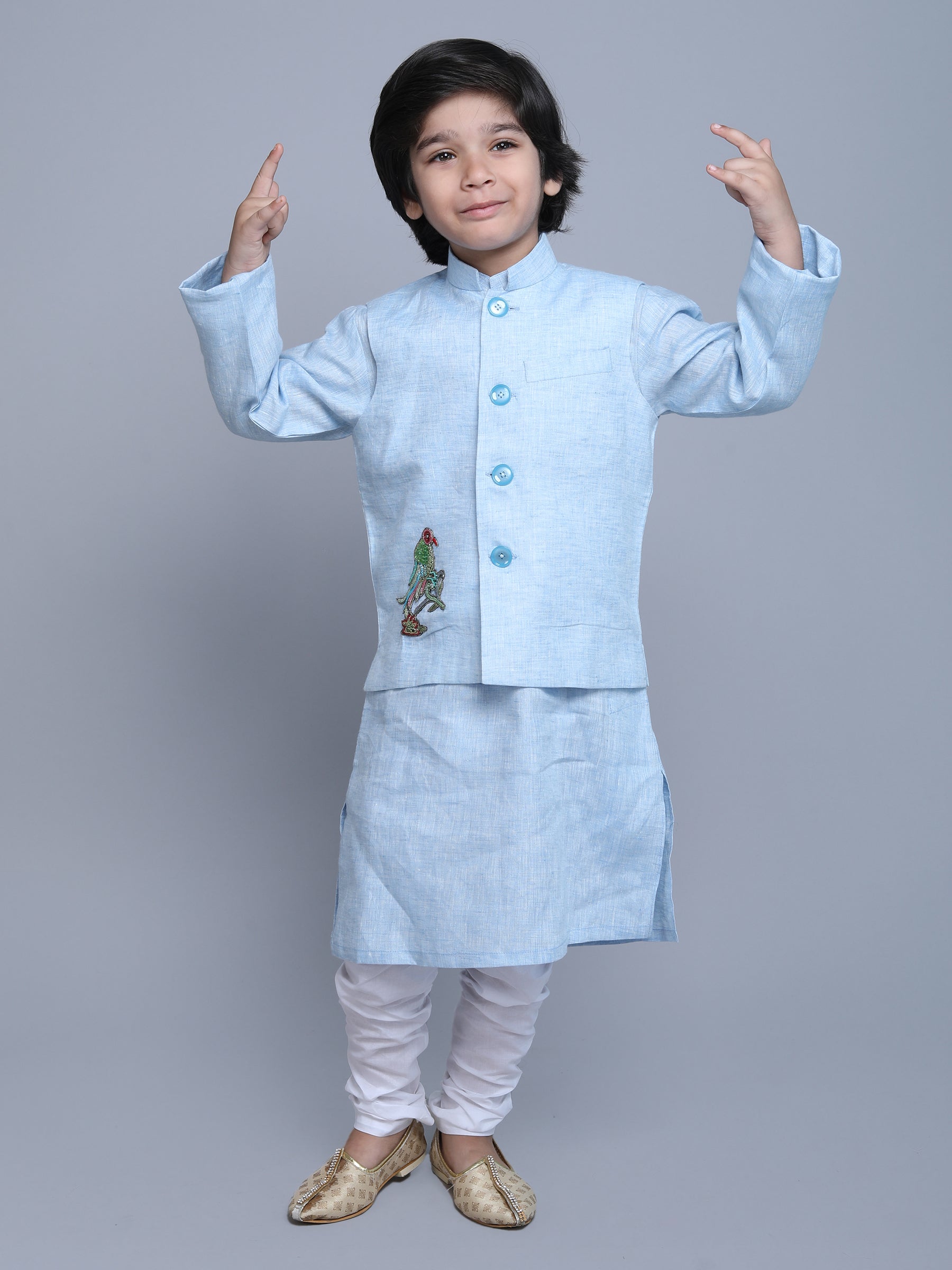 Pure Linen 3pcs Kurta Set -  colored embroidery - Blue
