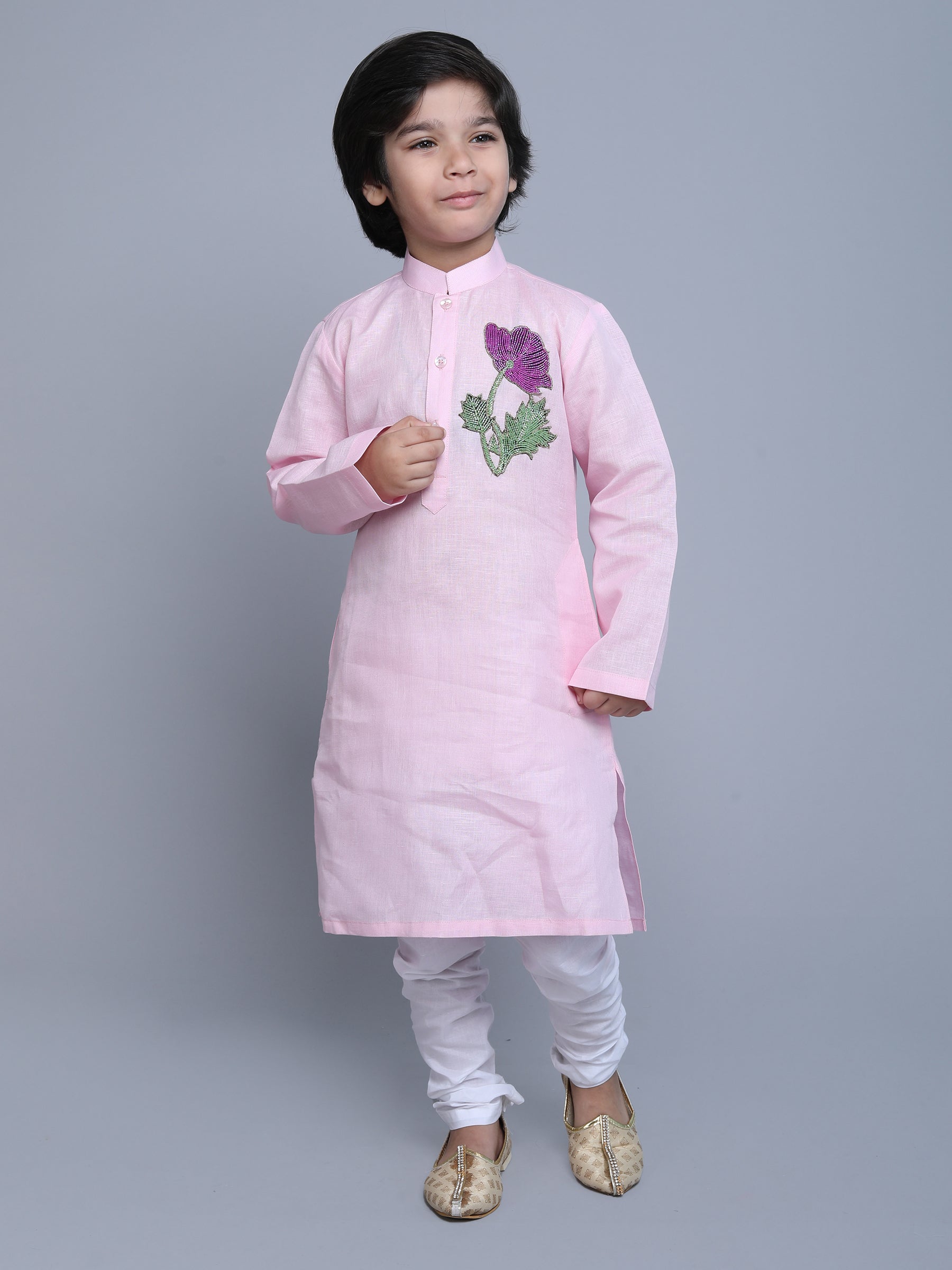 Pure Linen Kurta Set -  multi color embroidery - Pink