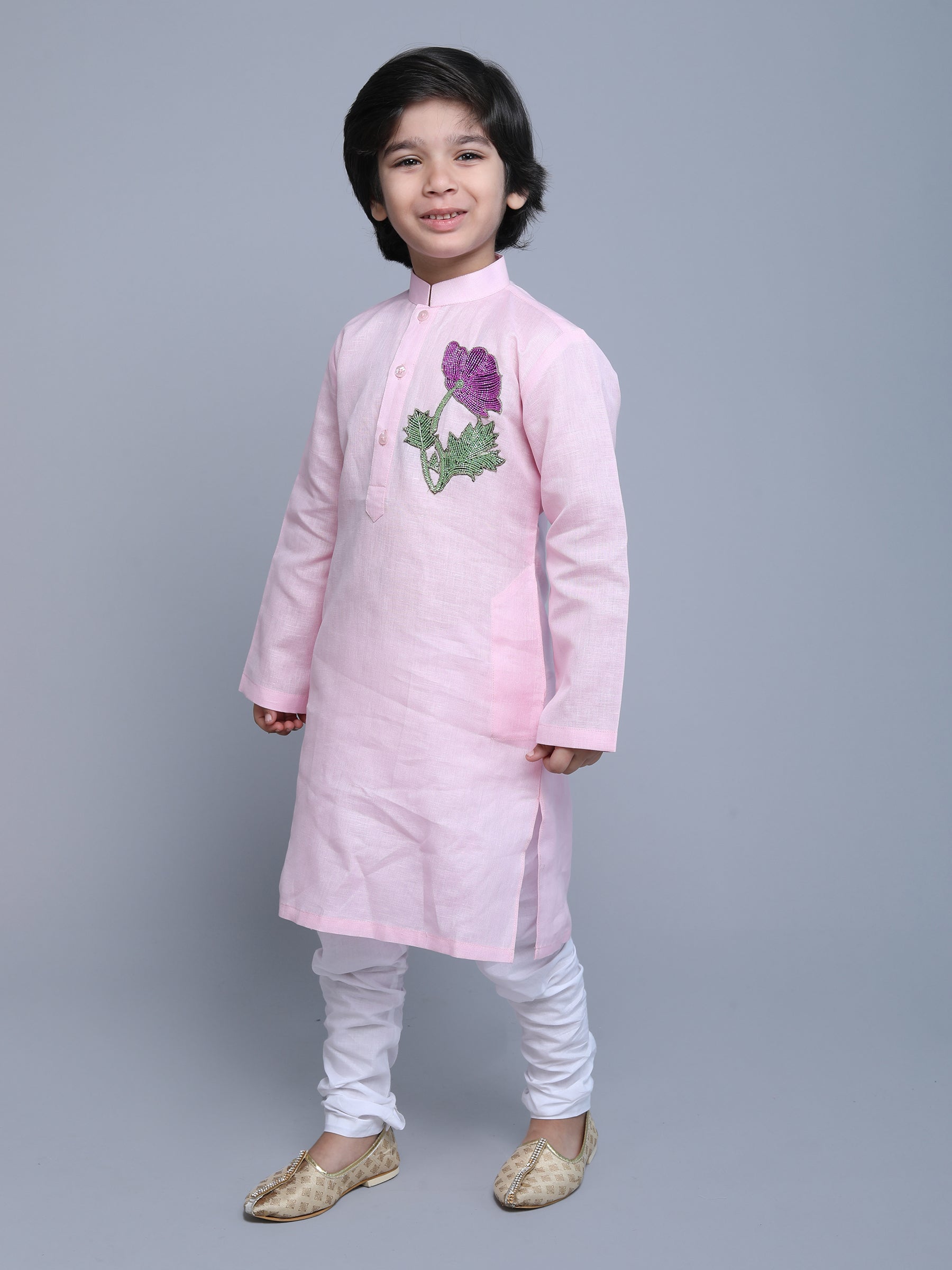 Pure Linen Kurta Set -  multi color embroidery - Pink