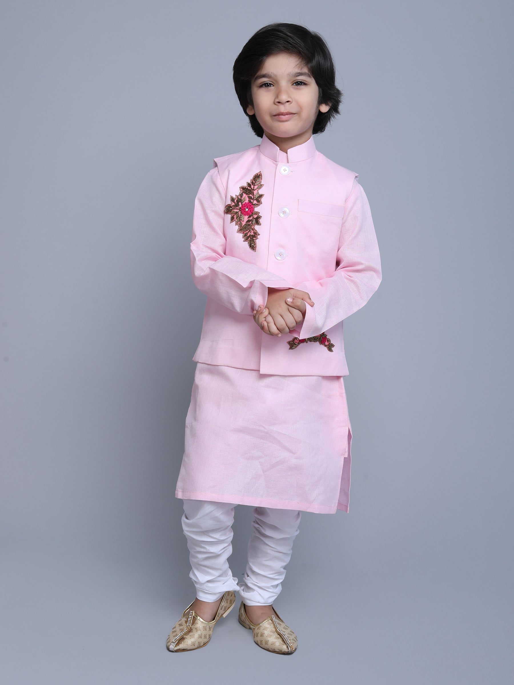 Pure Linen 3pcs Kurta Set - colored embroidery - Pink