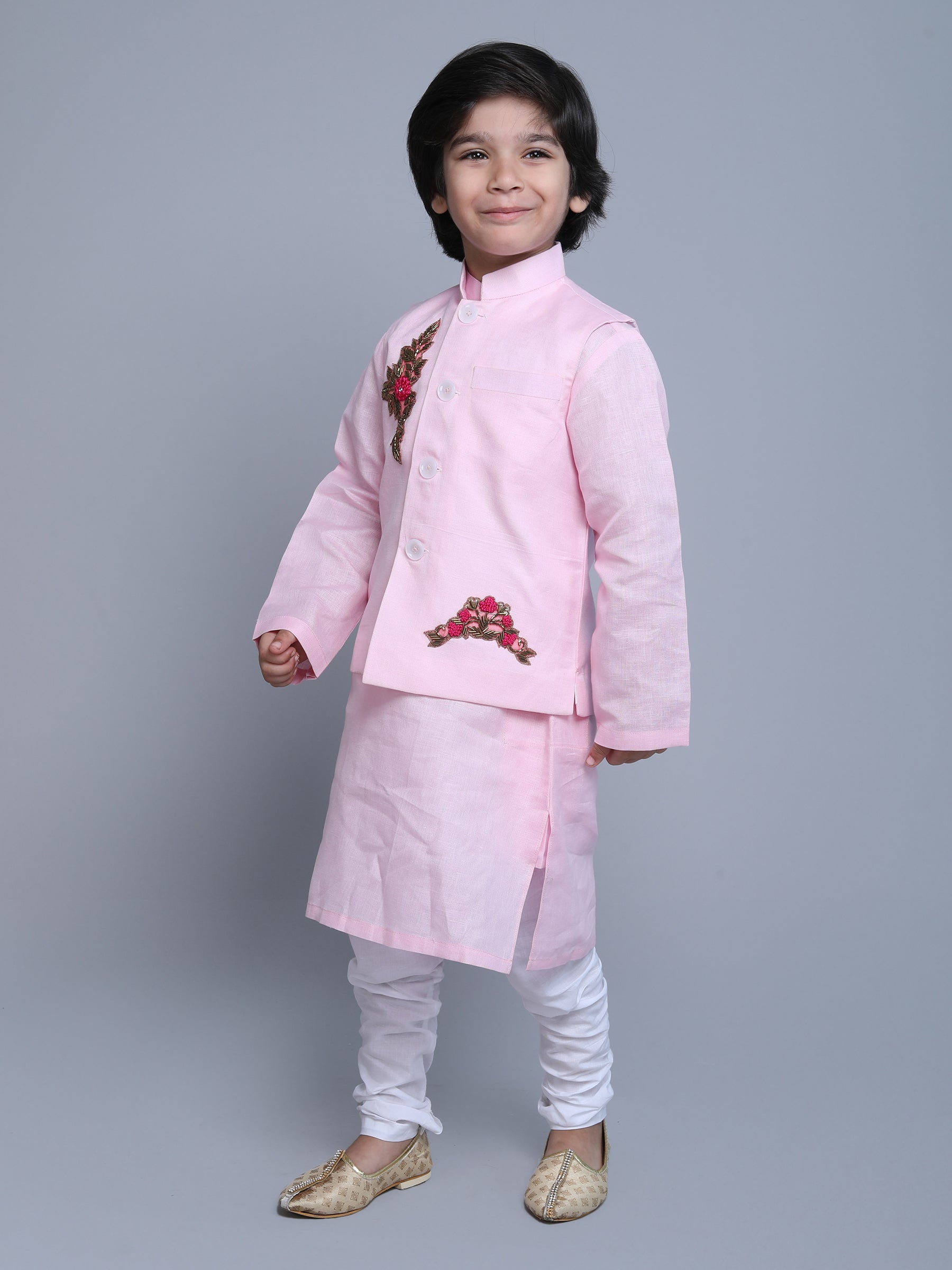 Pure Linen 3pcs Kurta Set - colored embroidery - Pink