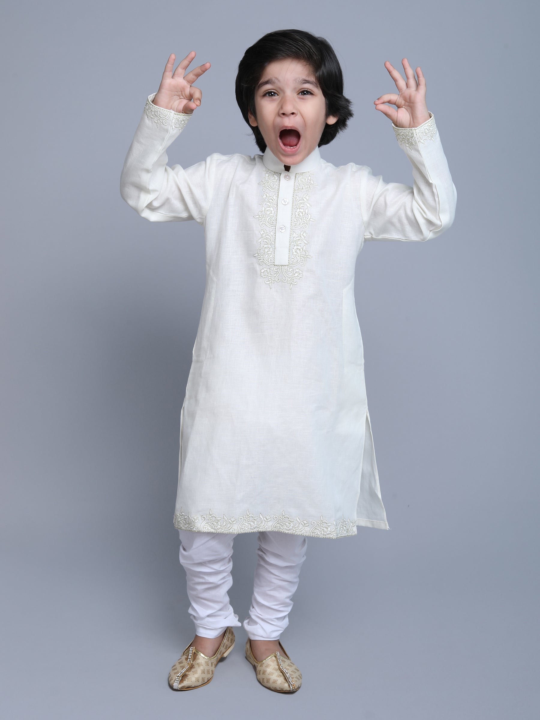 Pure Linen Kurta Set -  self color embroidery - off White