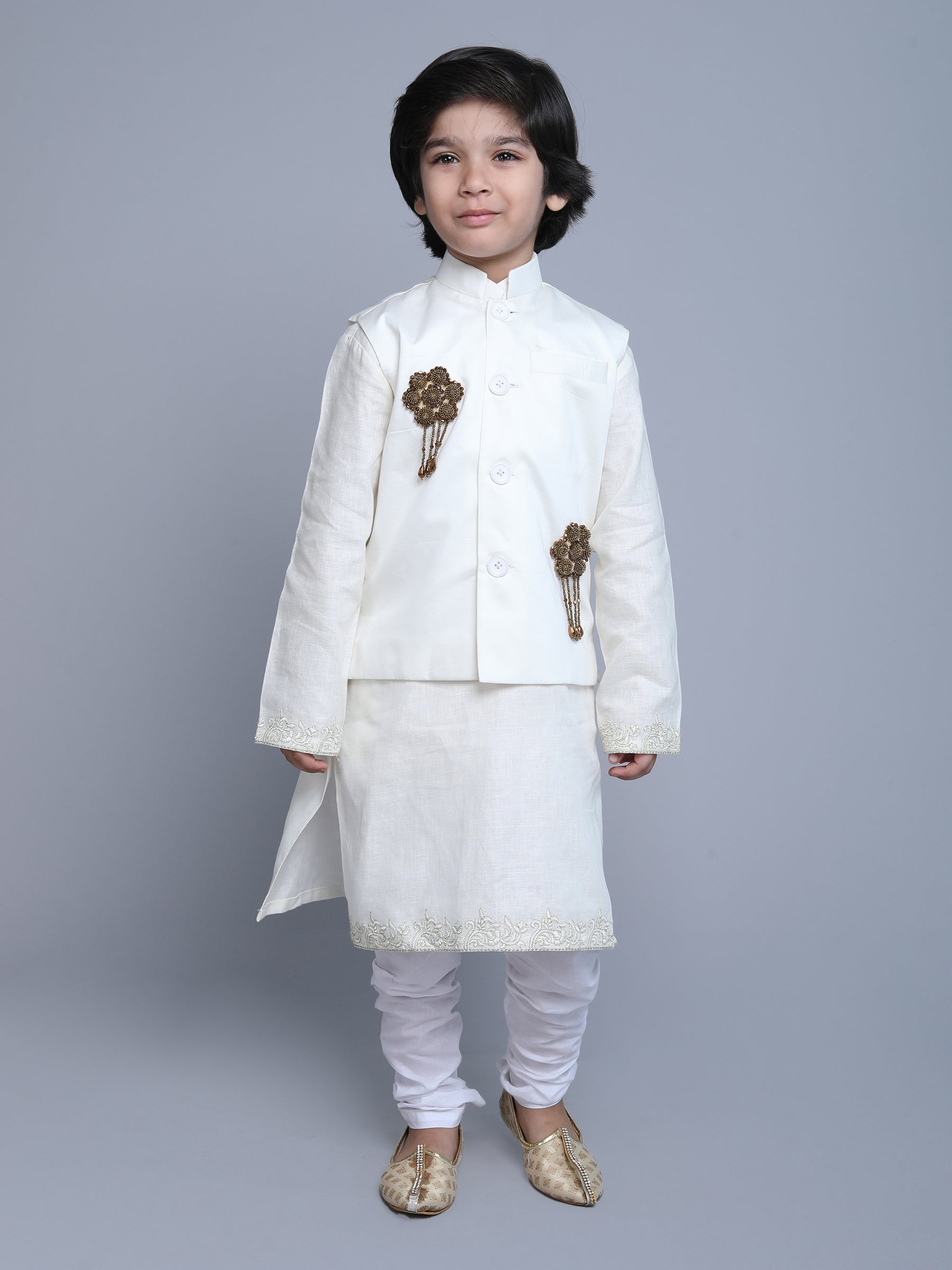 Pure Linen 3pcs Kurta Set -   Gold color embroidery - off white