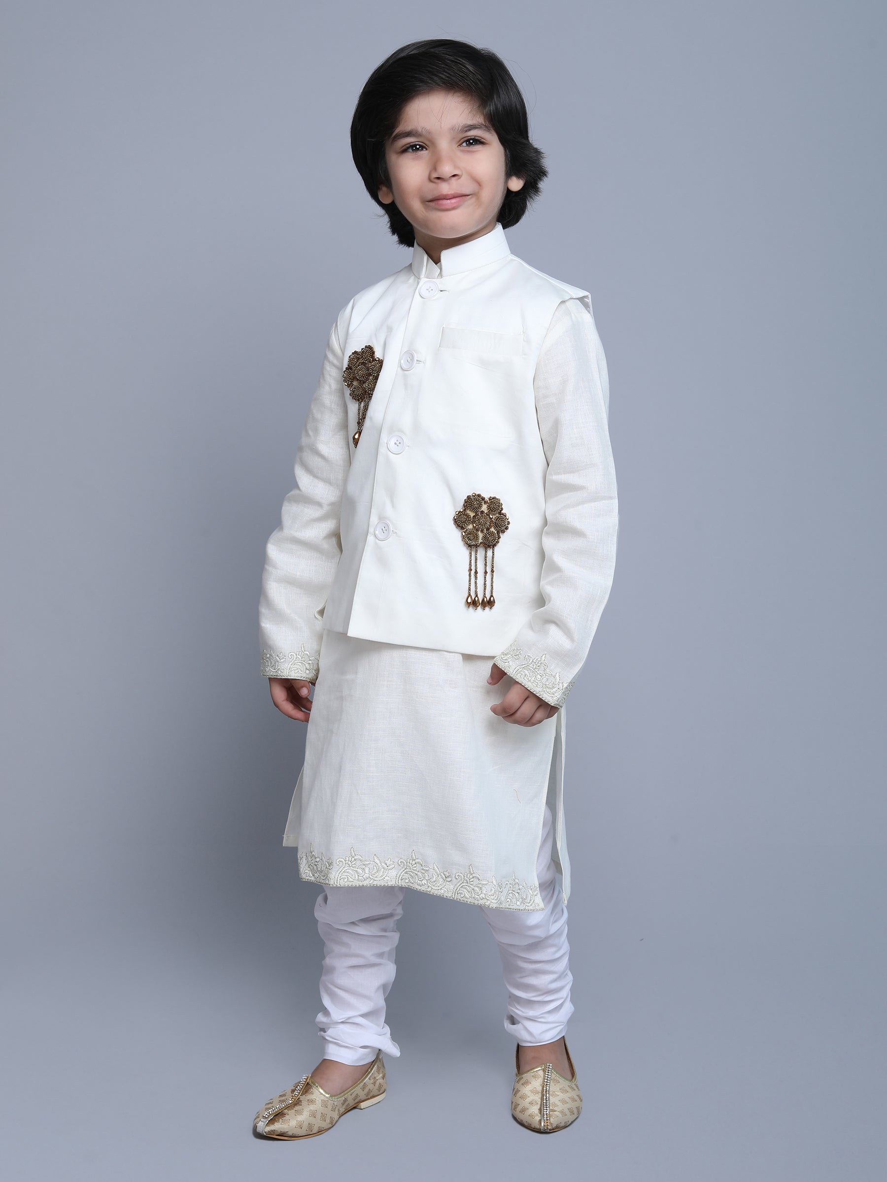 Pure Linen 3pcs Kurta Set -   Gold color embroidery - off white
