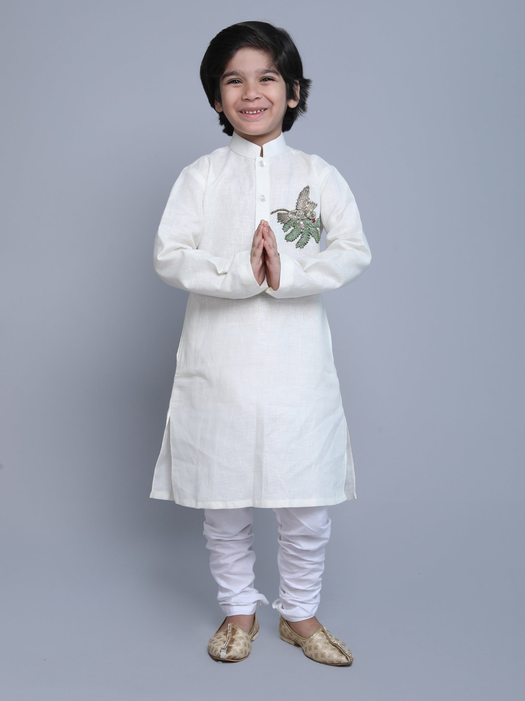 Pure Linen Kurta Set -  colored embroidery - off white