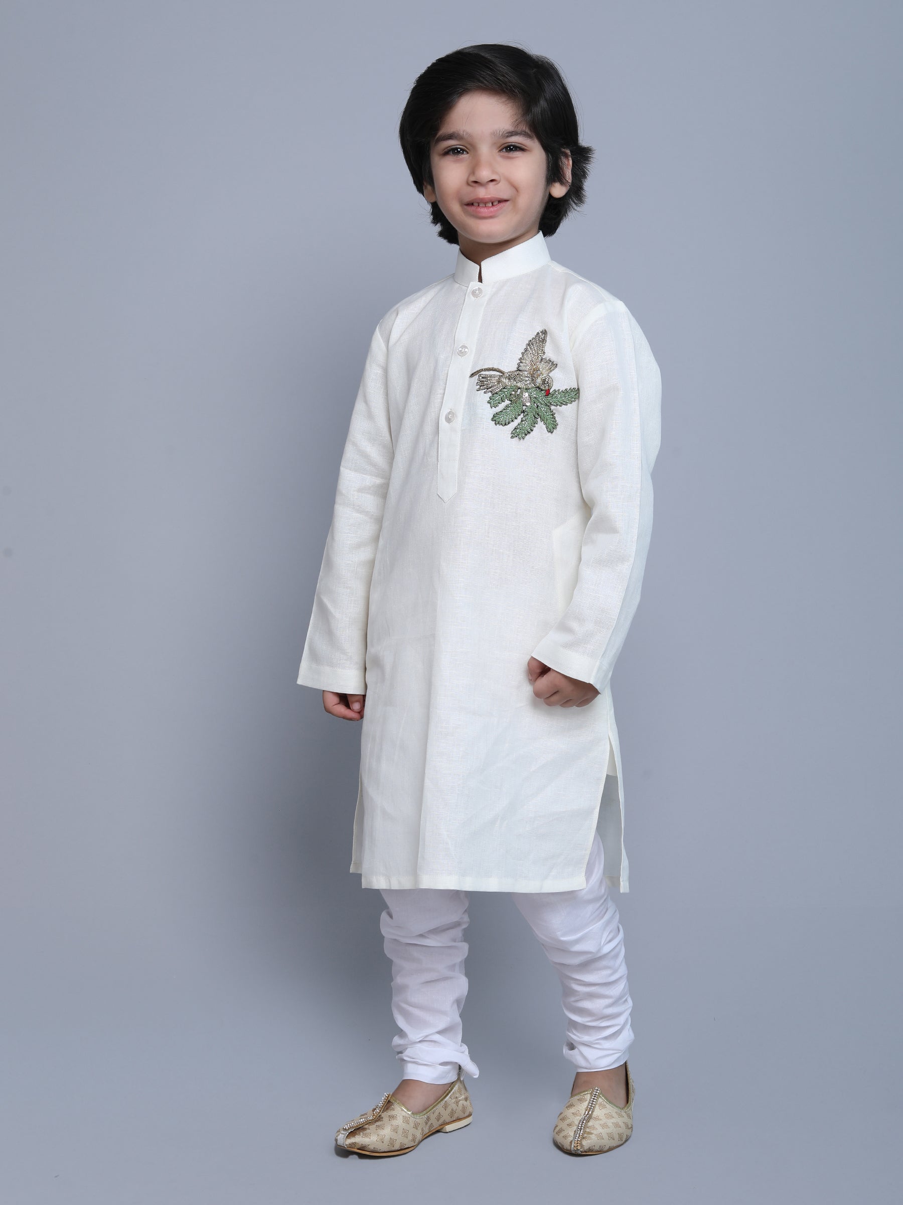 Pure Linen Kurta Set -  colored embroidery - off white