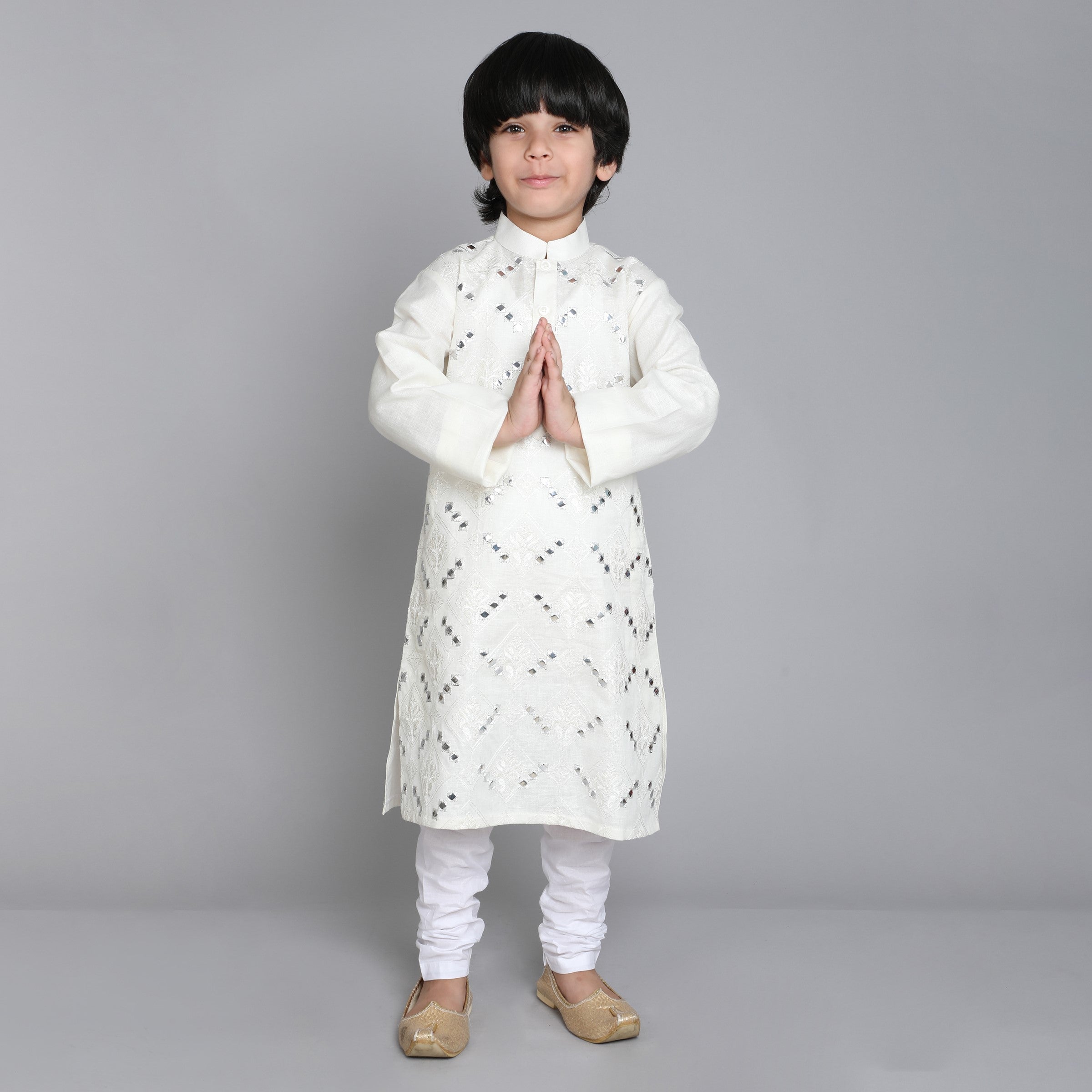 Pure Linen  Kurta Set - Mirror Embroidery - Cream
