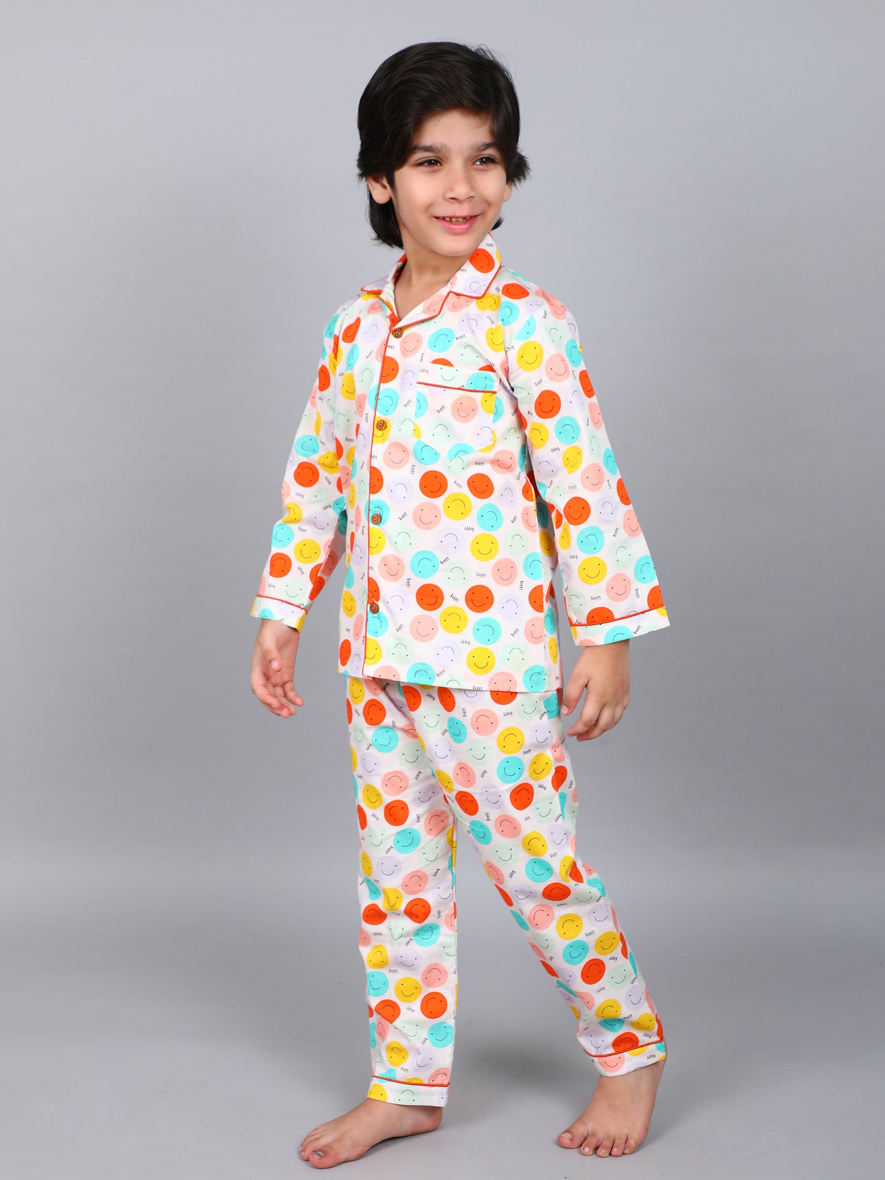Multicolor Smiley Squad Print PJ Set