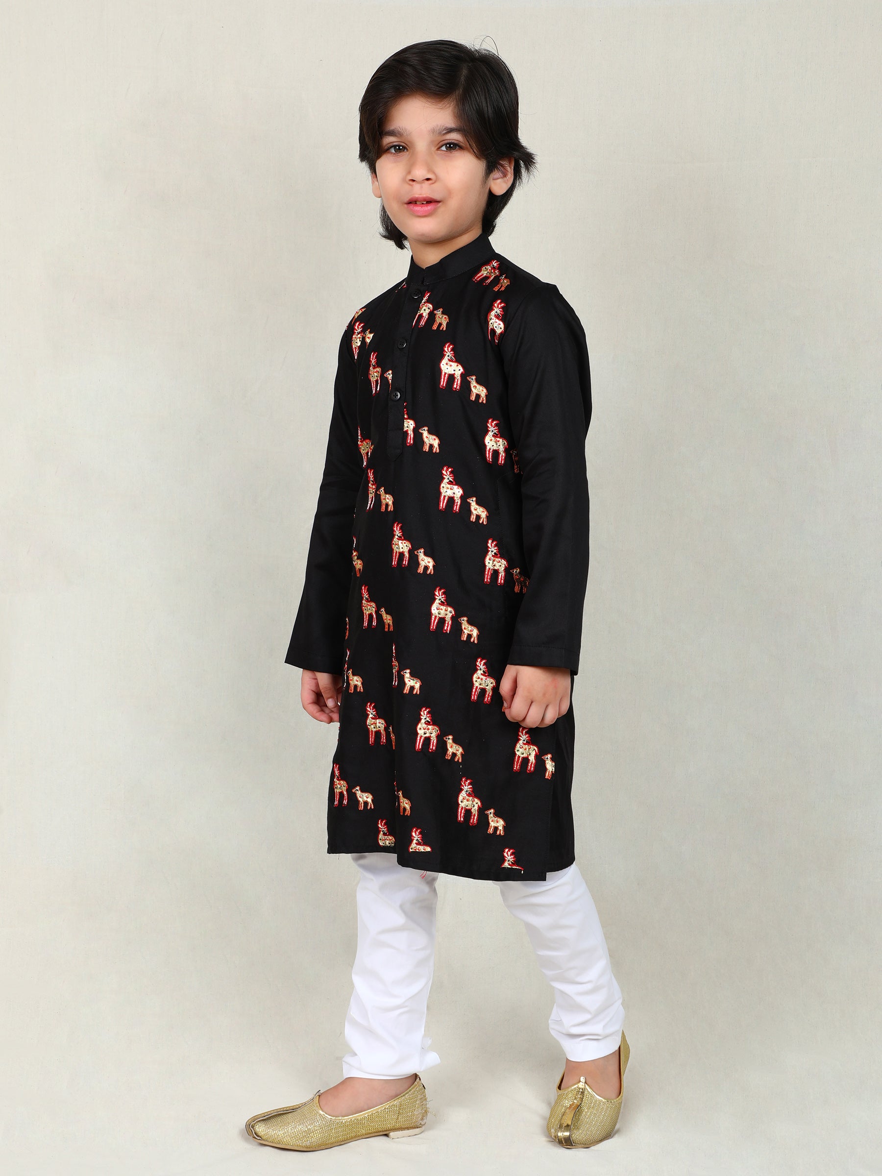 Black Embroidered Deer Kurta Set