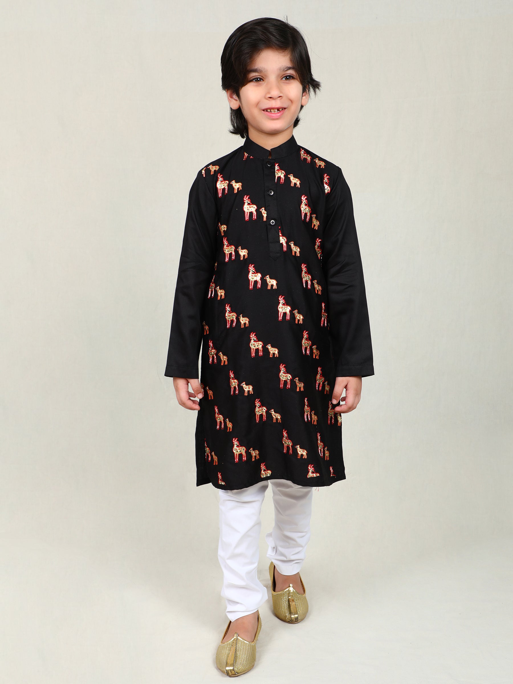 Black Embroidered Deer Kurta Set