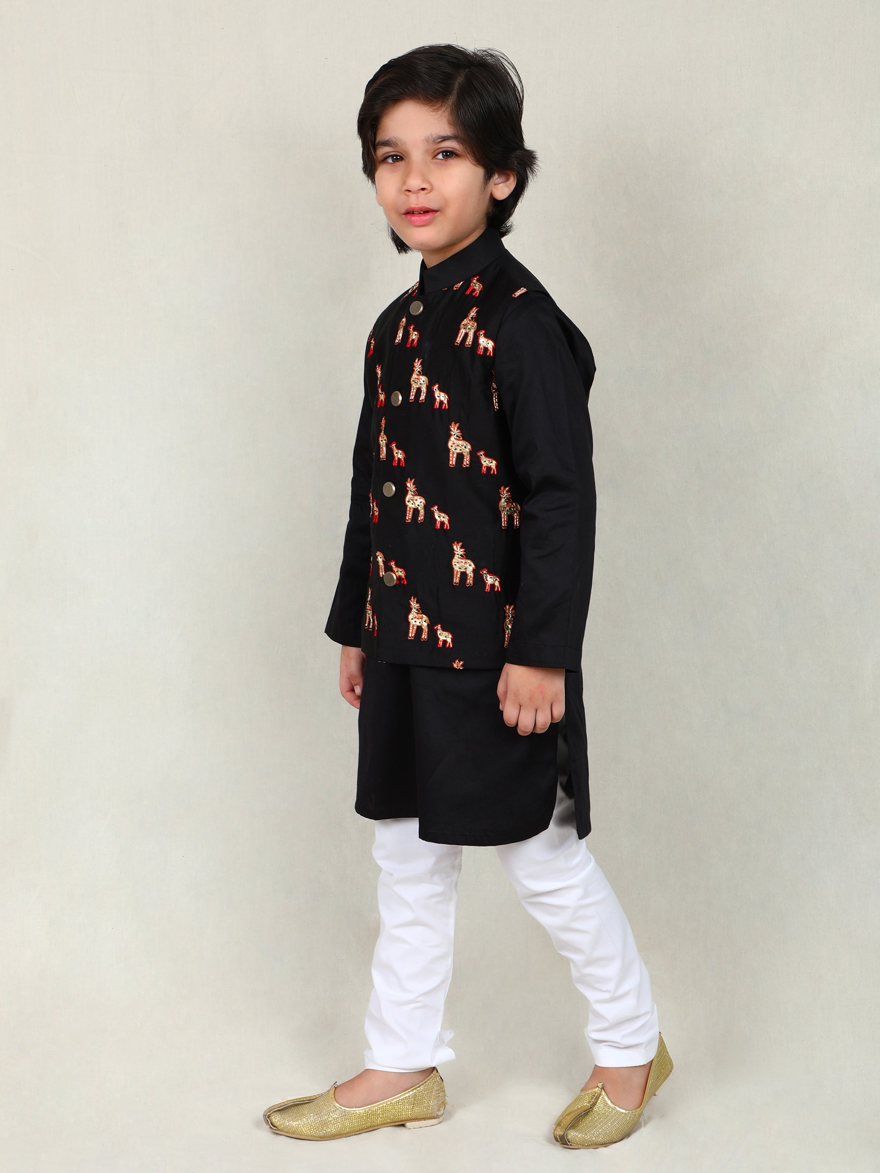 Black Kurta Set with Embroidered Deer Nehru Jacket
