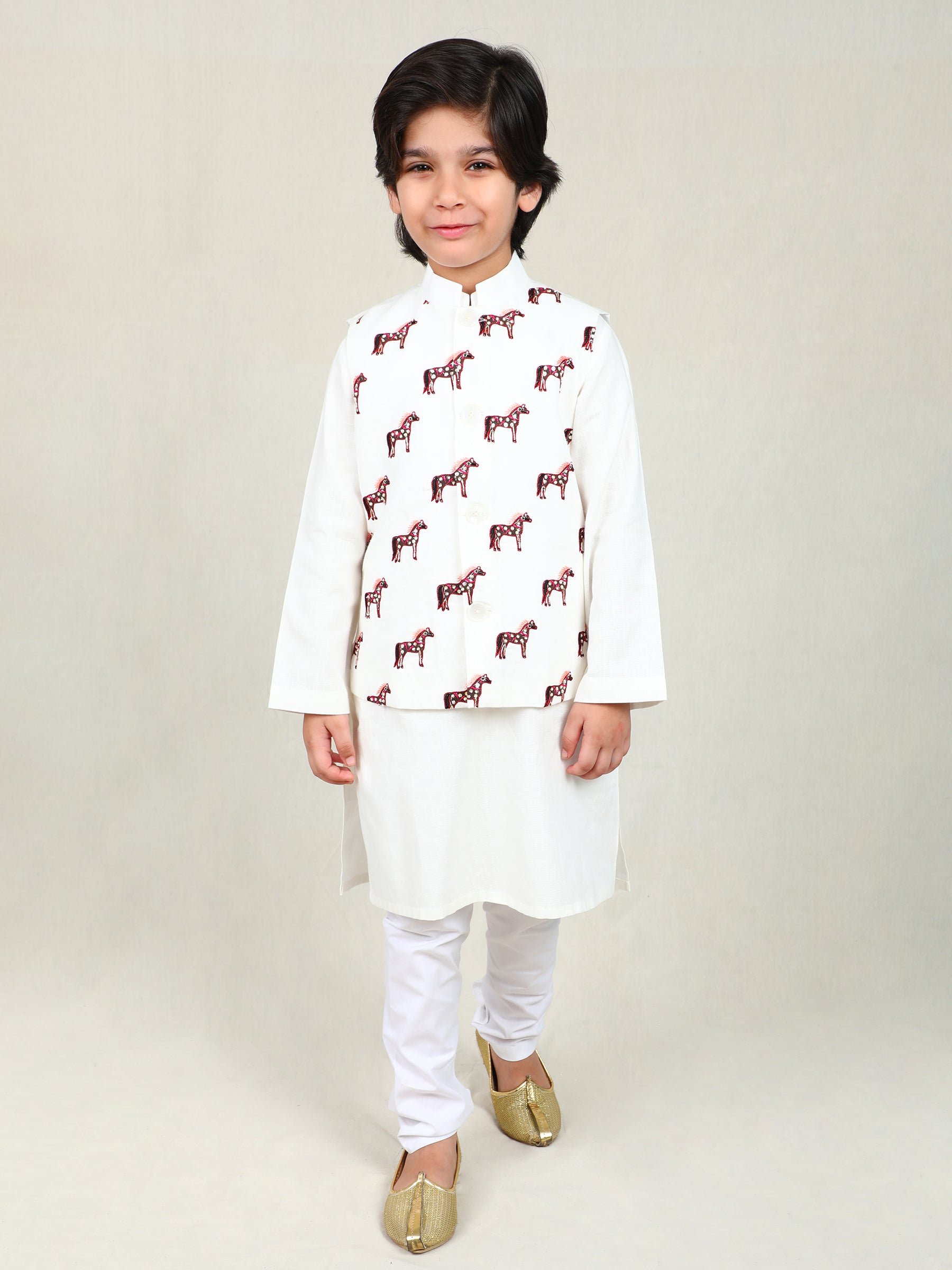 Ivory Kurta Set with Embroidered Horse Nehru Jacket