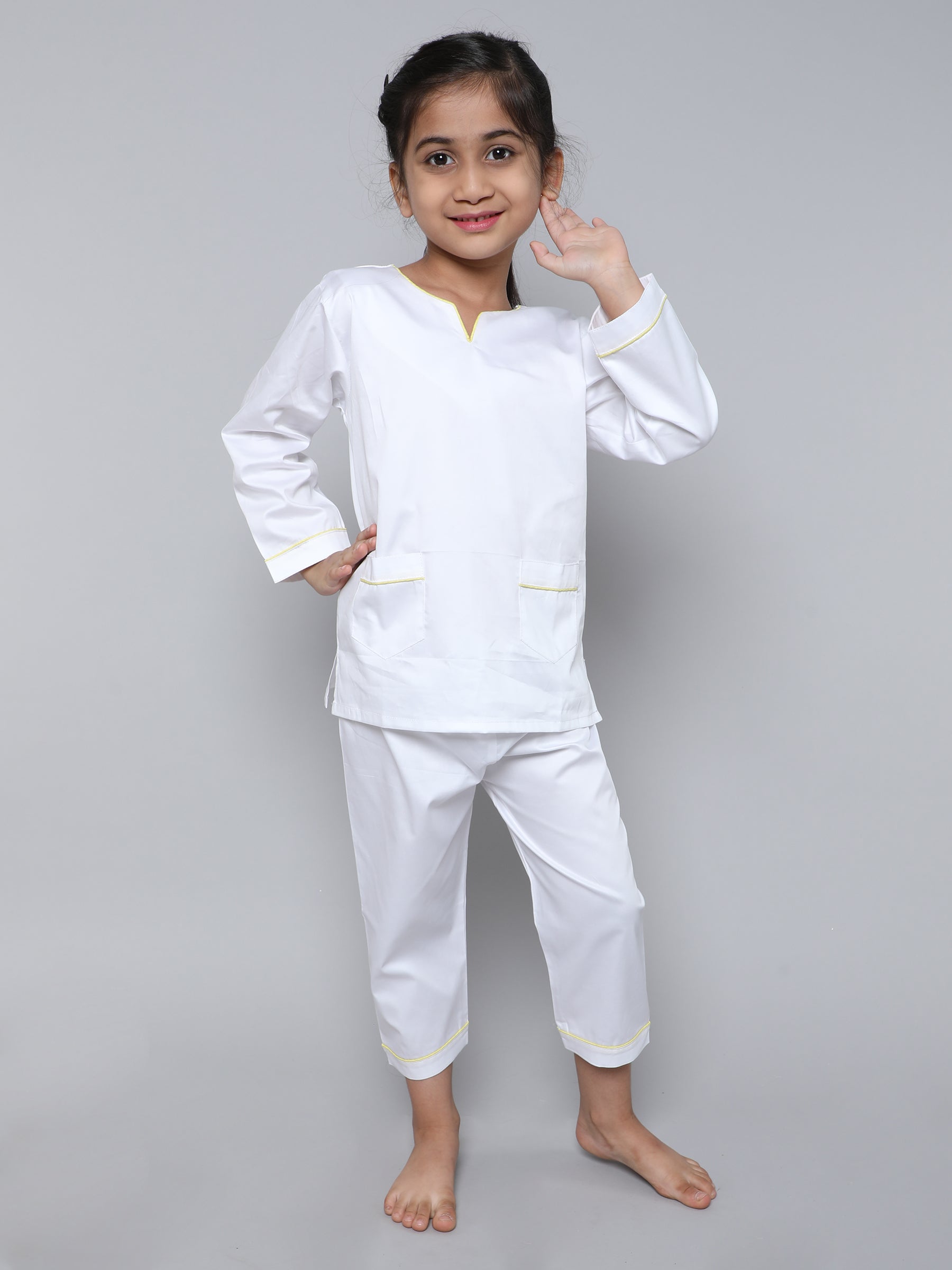 100% Cotton Silk V Neck Co-ord Set (White)