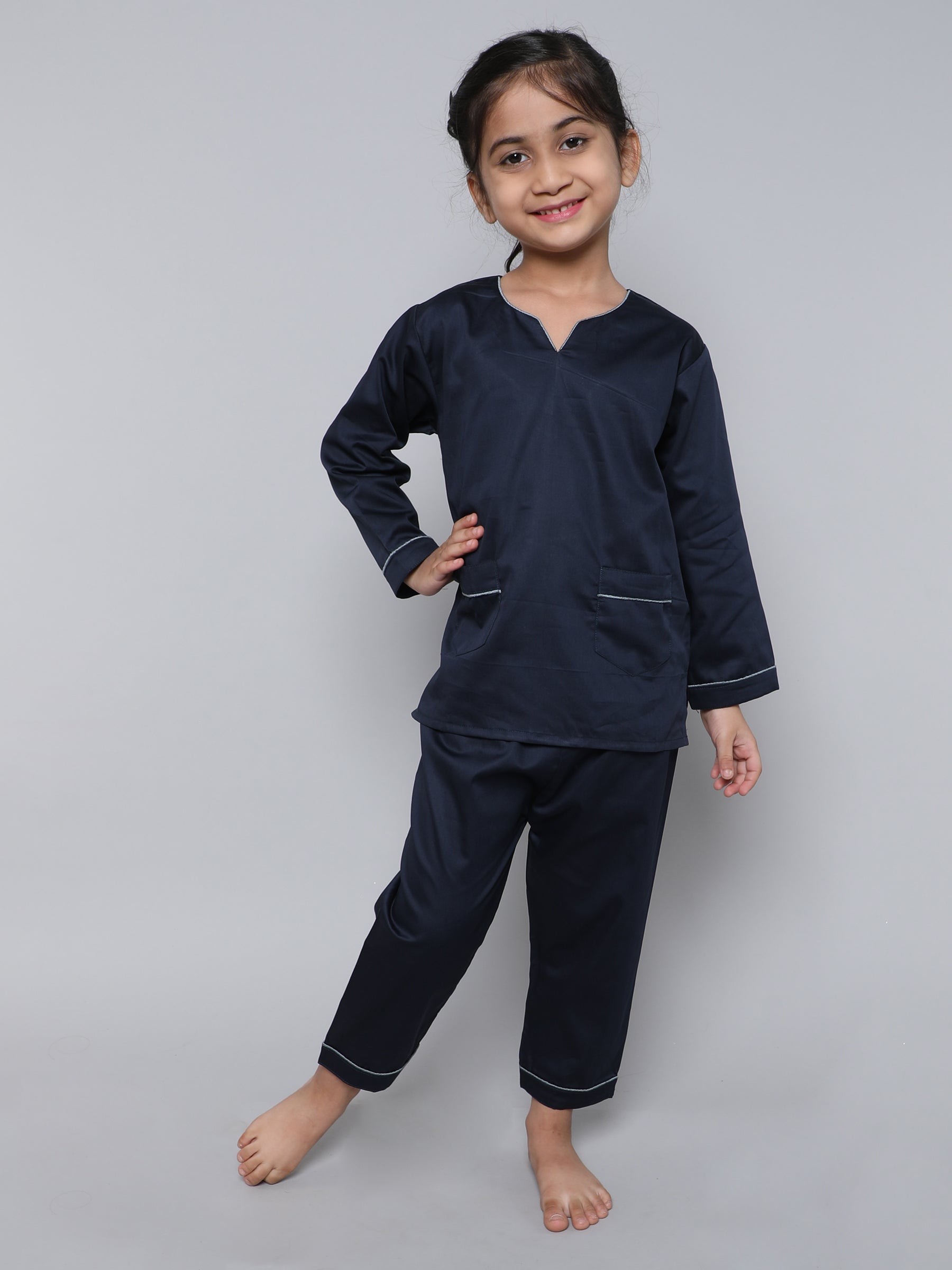 100% Cotton Silk V Neck Co-ord Set (Navy Blue)