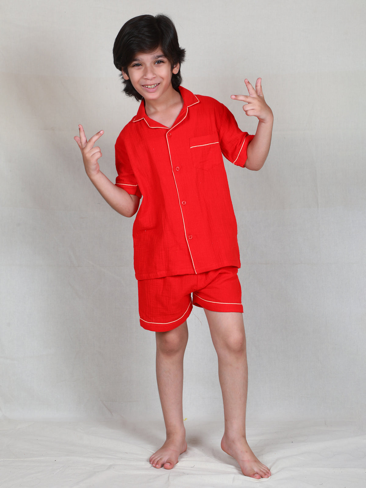 Red Cloud Crinkle Cotton Co-ord Sleep Set