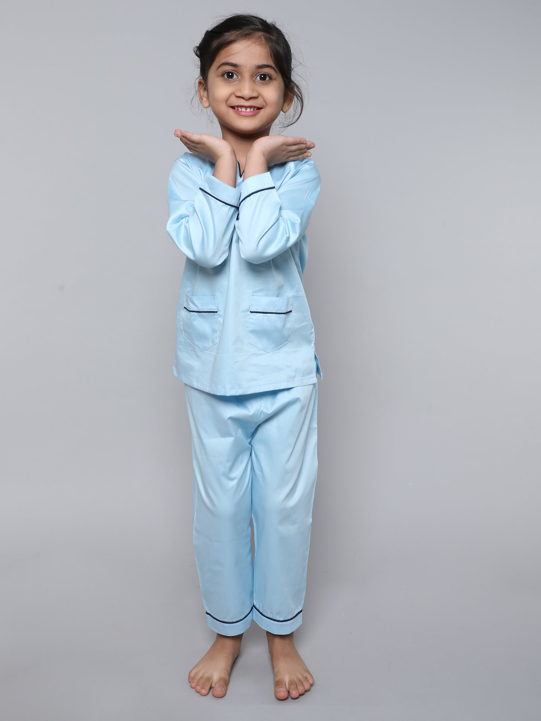 100% Cotton Silk V Neck Co-ord Set (Blue)