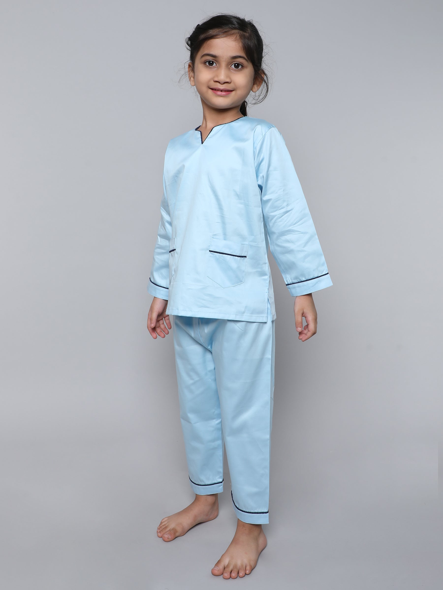 100% Cotton Silk V Neck Co-ord Set (Blue)