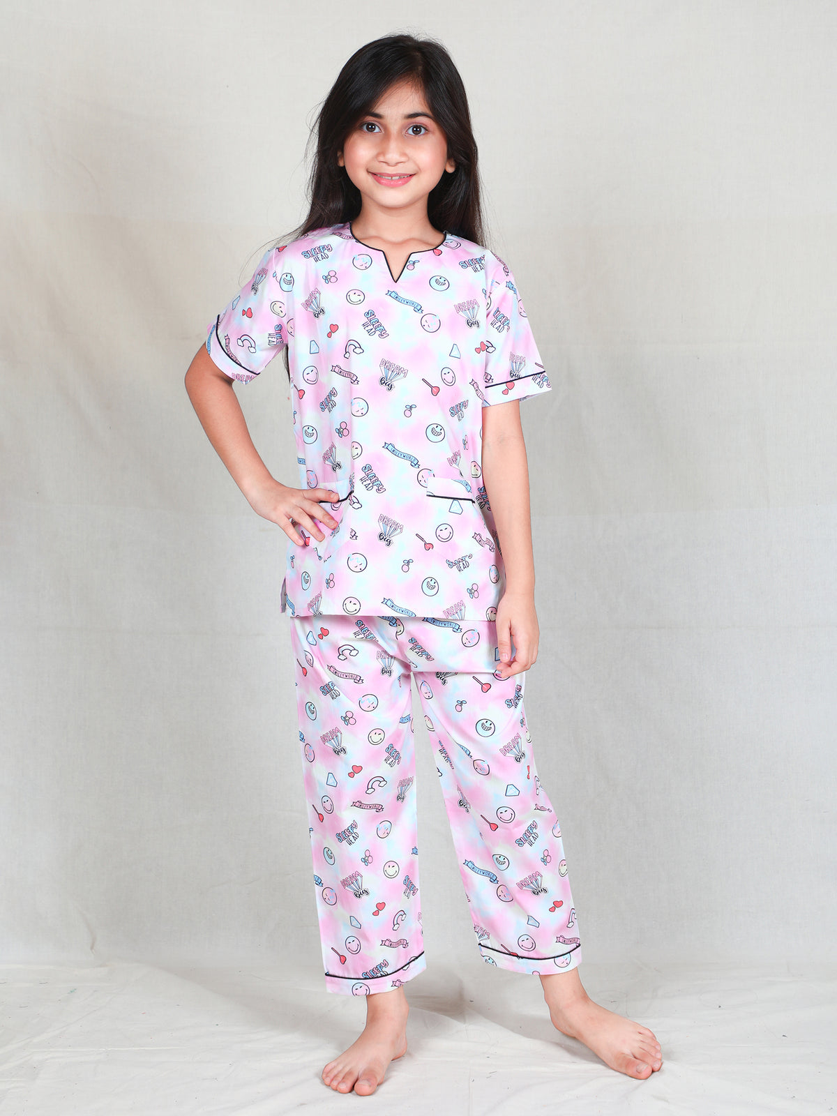 Pink Dreamy Print Pure Cotton Nightsuit Set for Girls