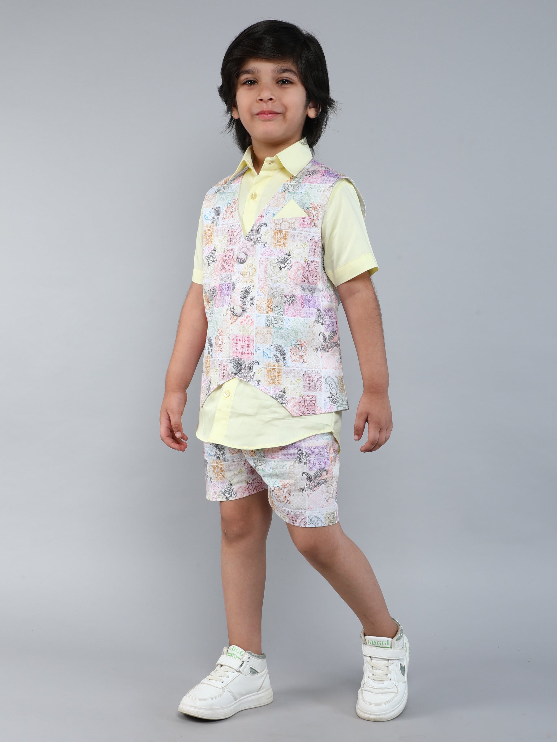 Pure Cotton silk solid Shirt and matching printed Shorts and Waistcoat Set - Yellow