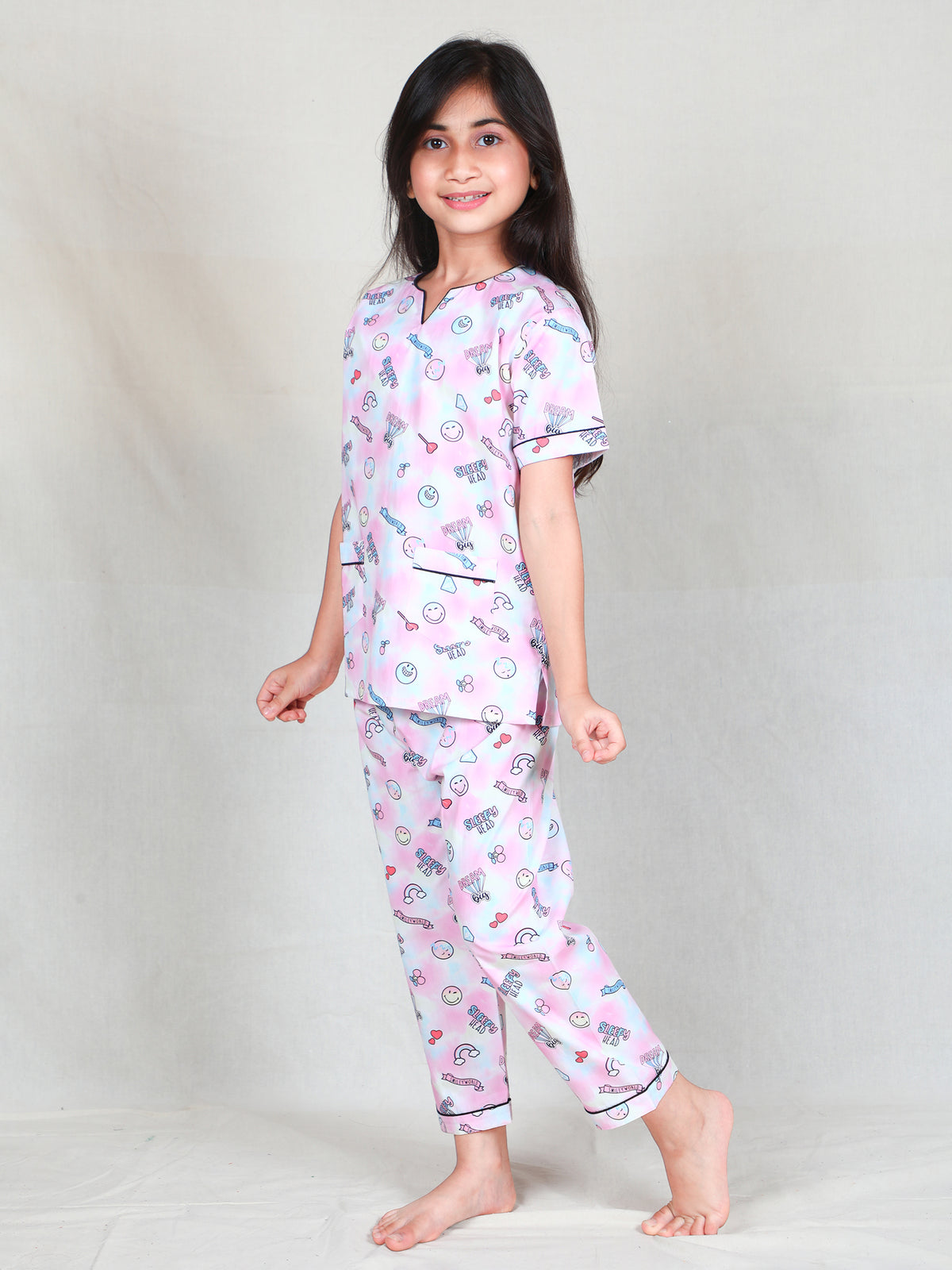 Pink Dreamy Print Pure Cotton Nightsuit Set for Girls