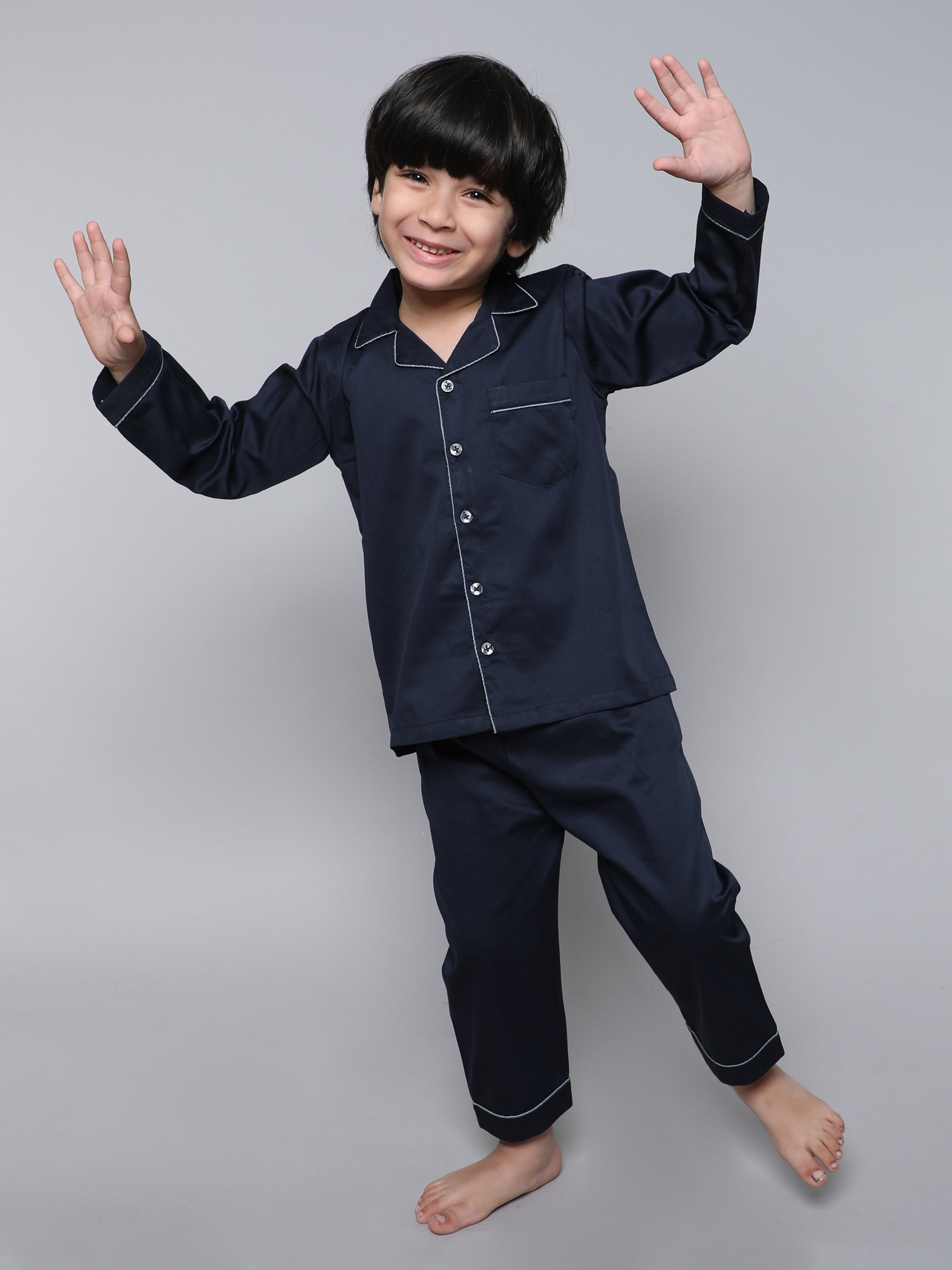 100% Cotton Silk Collar Neck Co-ord Set (Navy Blue)