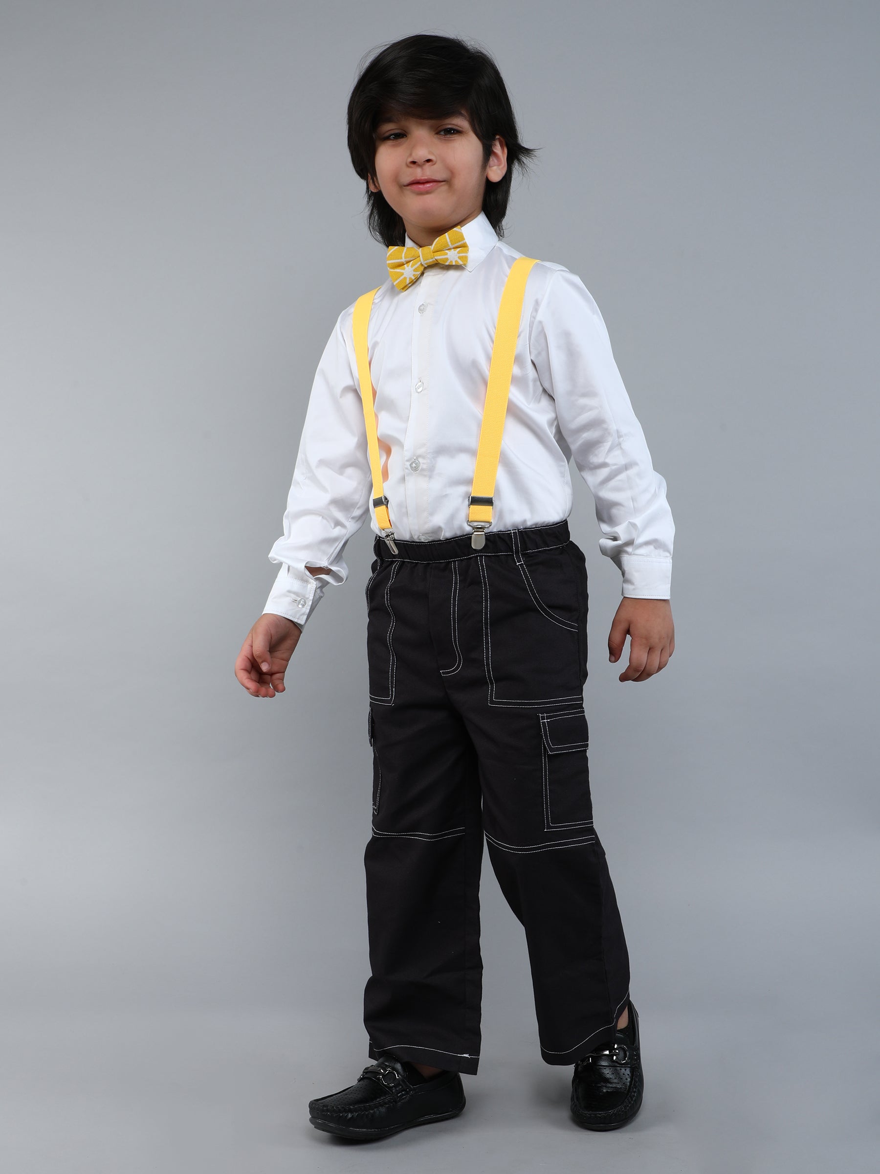 Pure Cotton silk solid Shirt and suspenders & a bowtie Set - white