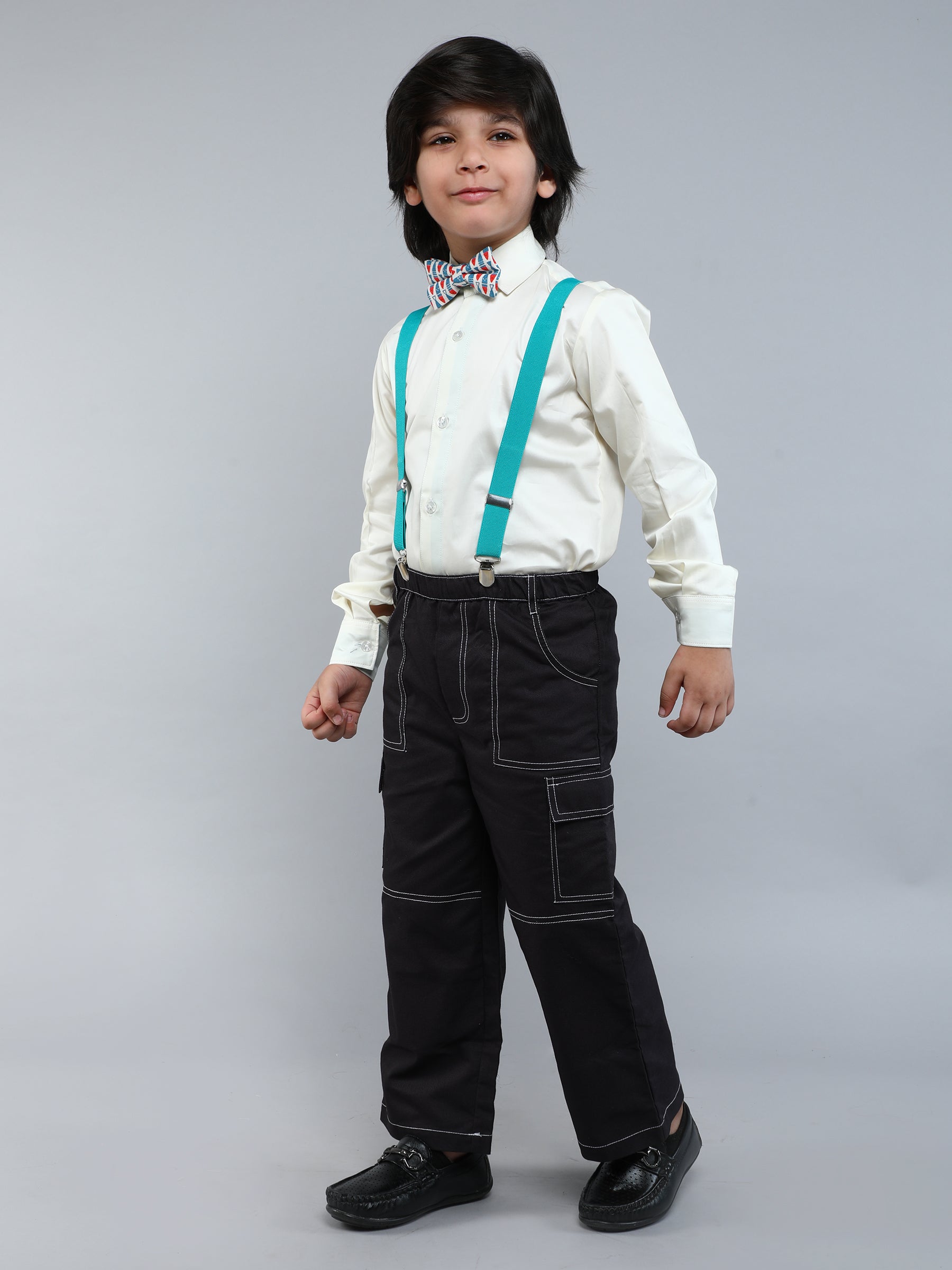 Pure Cotton silk solid Shirt and suspenders & a bowtie Set - off white