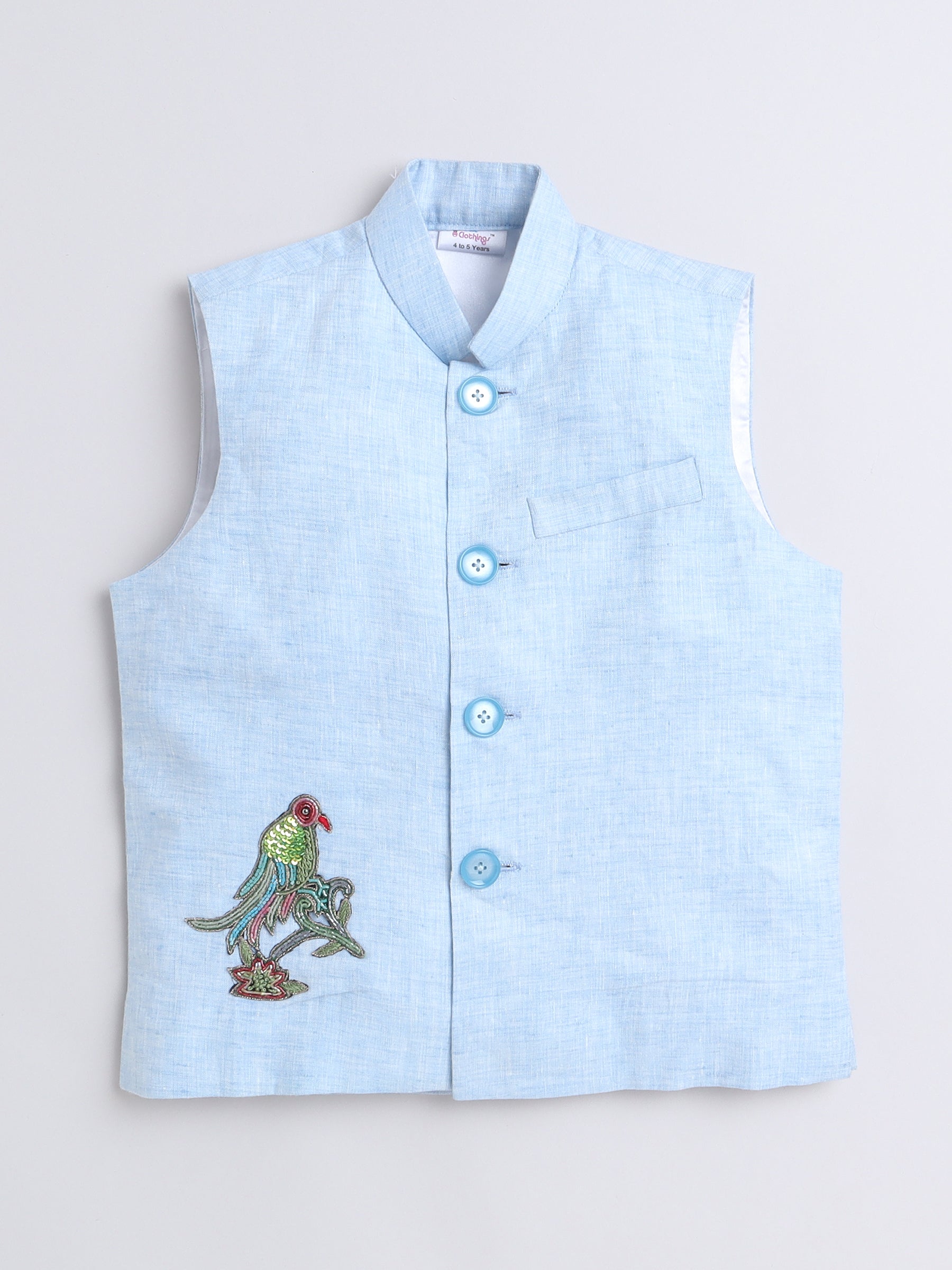 Pure Linen Nehru jacket -  silver color embroidery - Blue