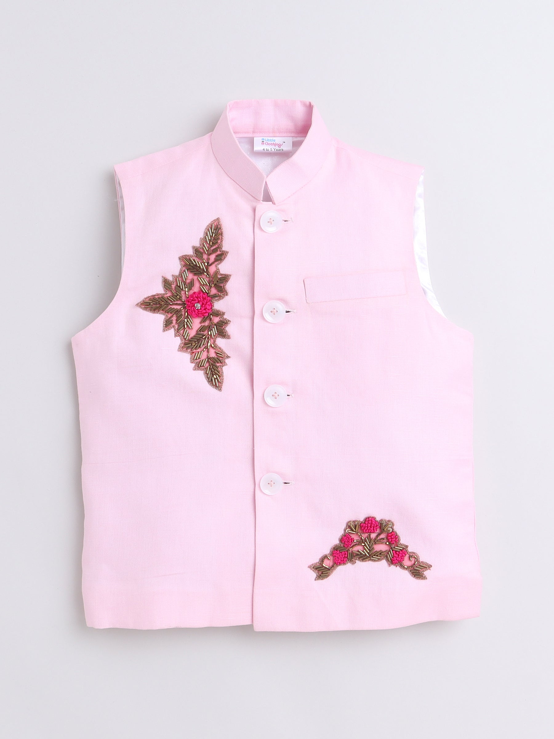 Pure Linen Nehru jacket - colored embroidery - pink