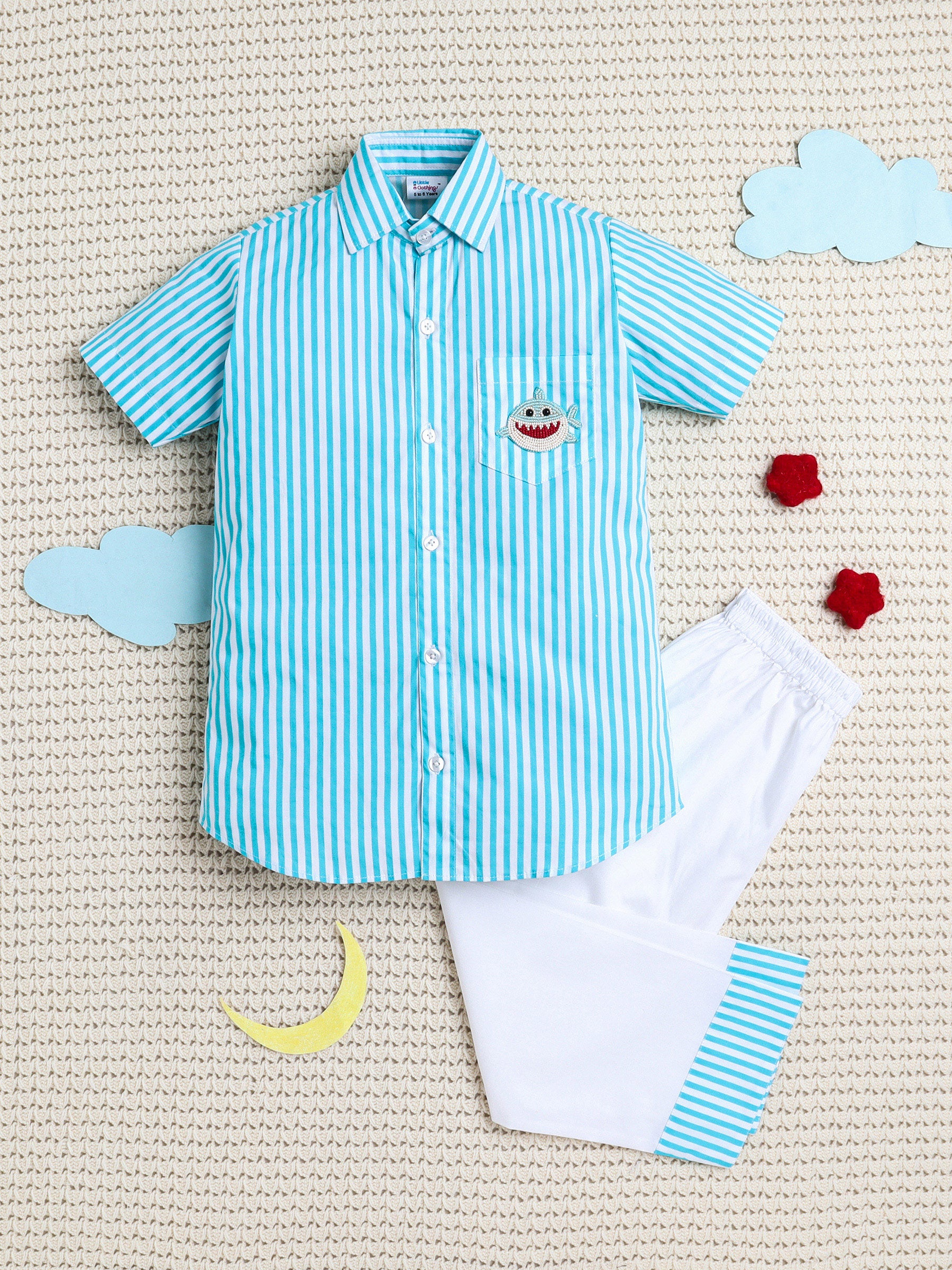 Blue Striped Baby Shark Patch PJ Set