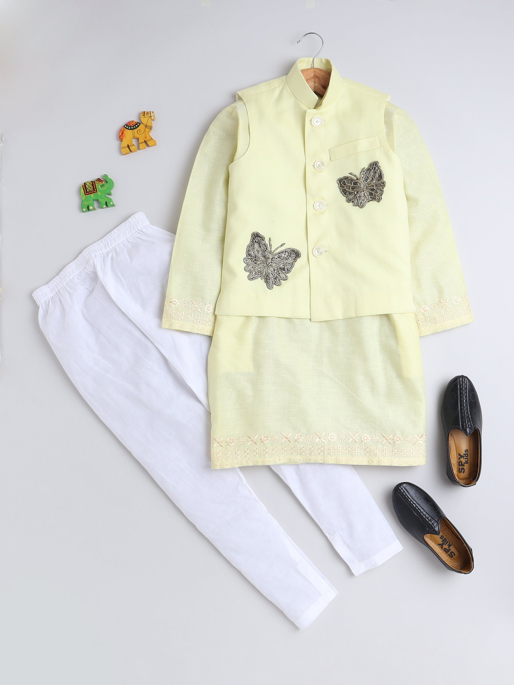 Pure Linen 3pcs Kurta Set -   Gold color embroidery - Yellow