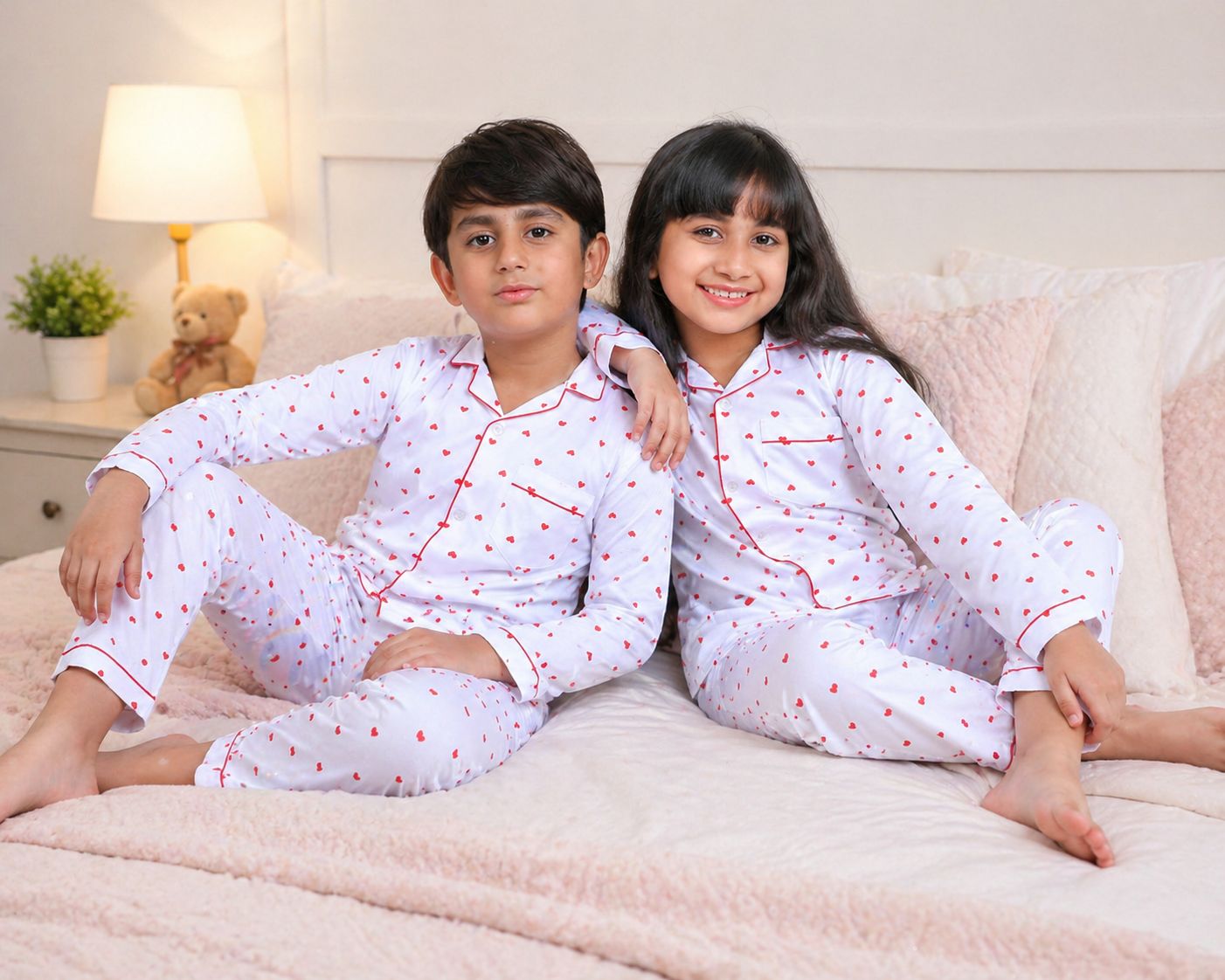 Sweetheart themed White Cotton Nightsuit Set with Red Heart Print