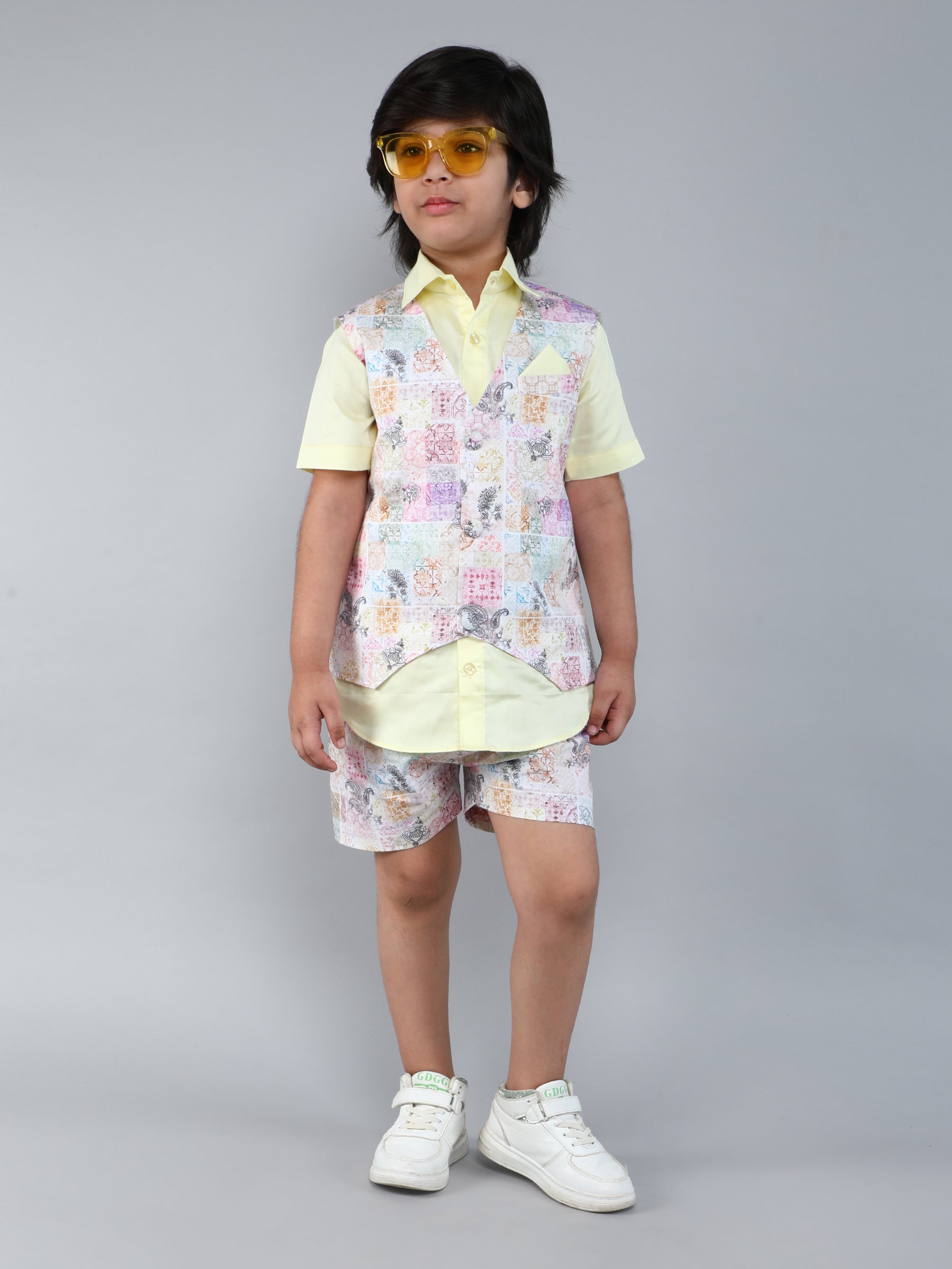 Pure Cotton silk solid Shirt and matching printed Shorts and Waistcoat Set - Yellow