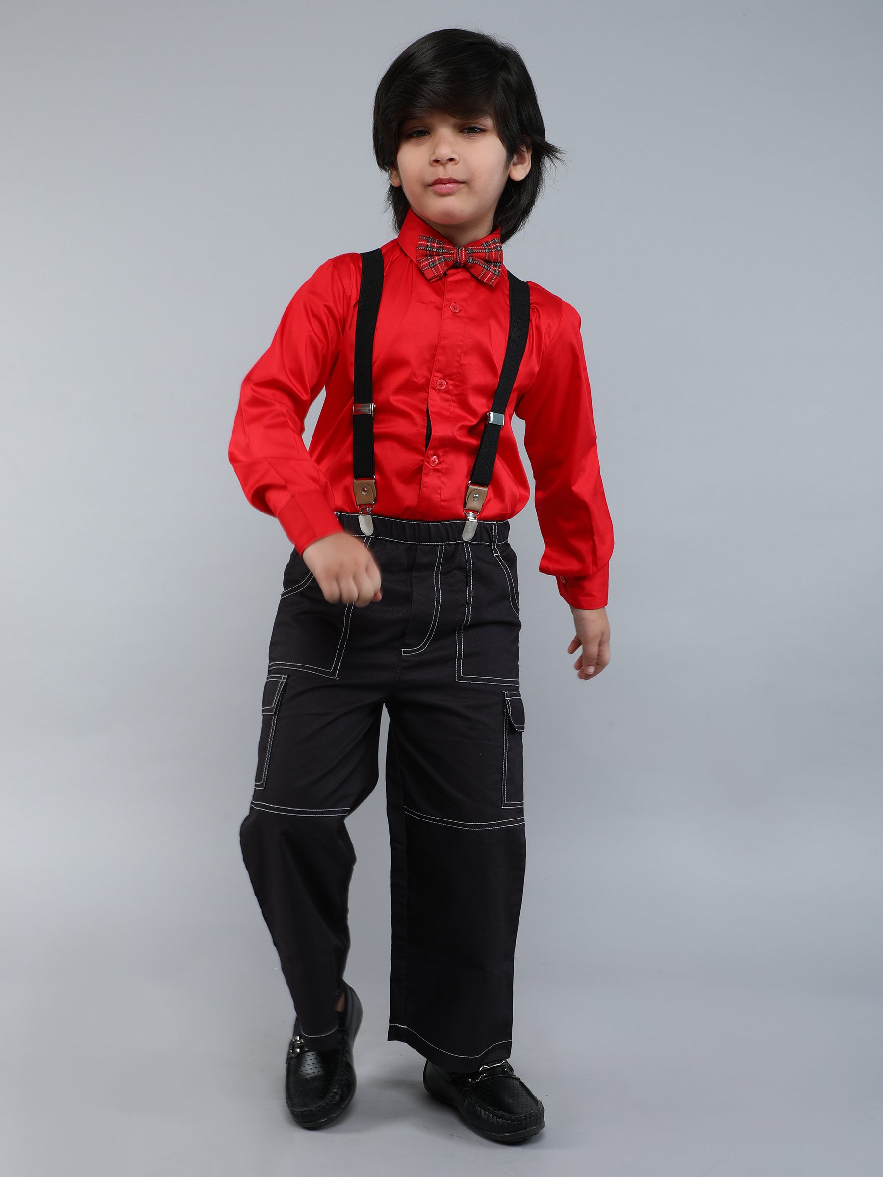 Pure Cotton silk solid Shirt and suspenders & a bowtie Set - Red