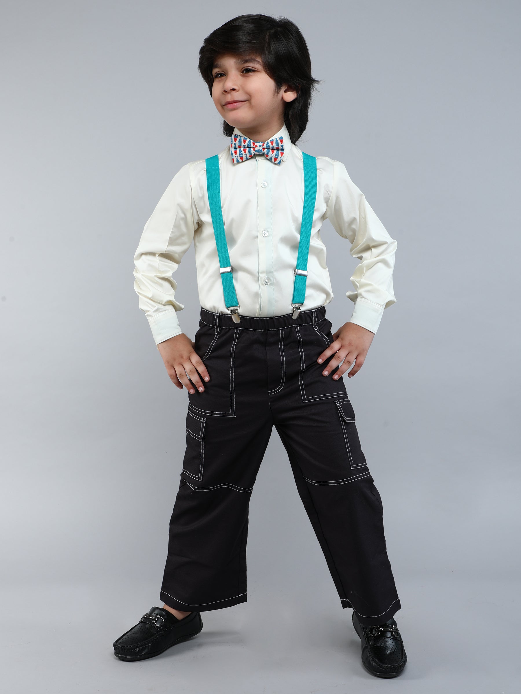 Pure Cotton silk solid Shirt and suspenders & a bowtie Set - off white