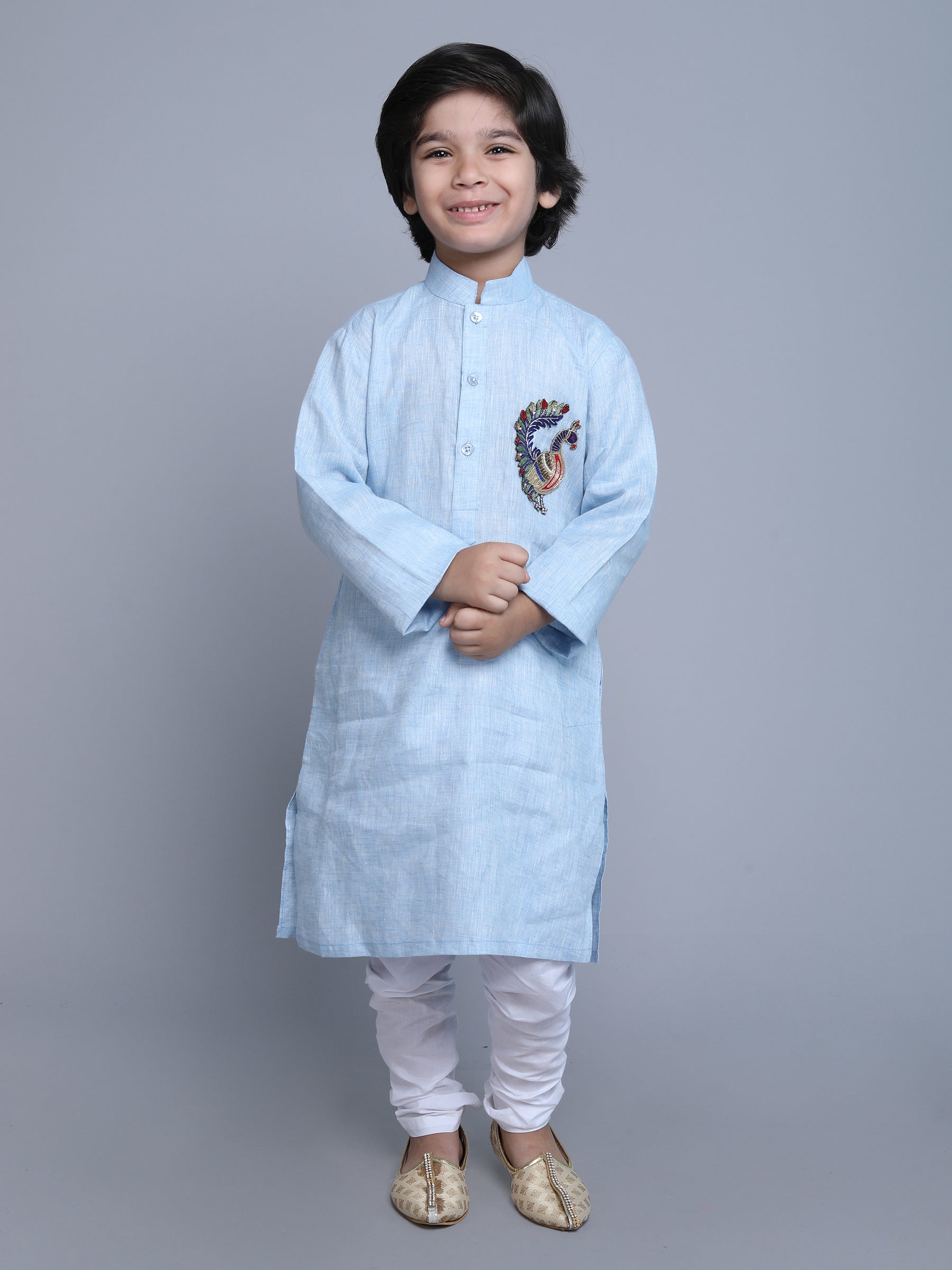 Pure Linen Kurta Set -  colored embroidery - Blue