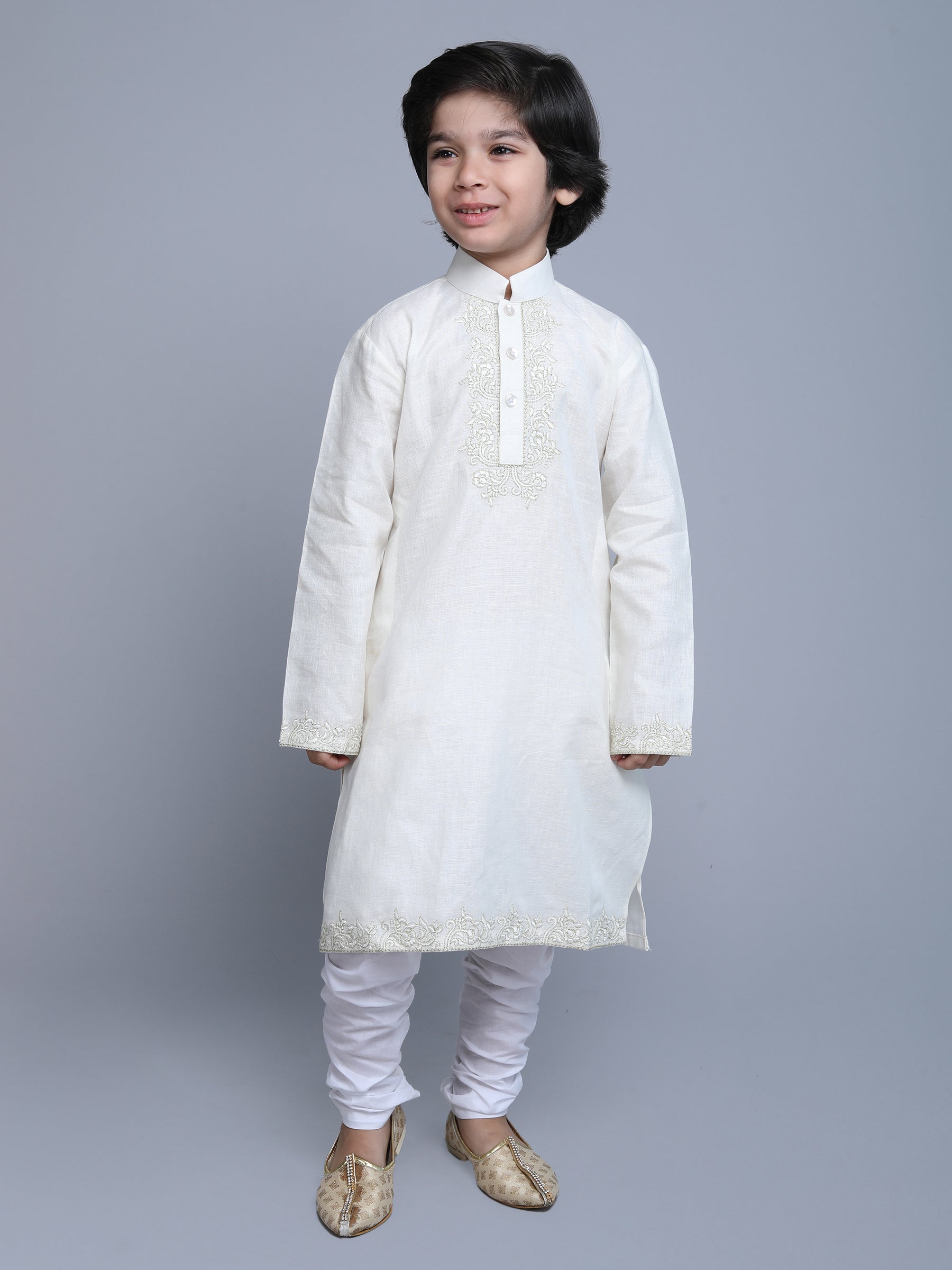 Pure Linen Kurta Set -  self color embroidery - off White