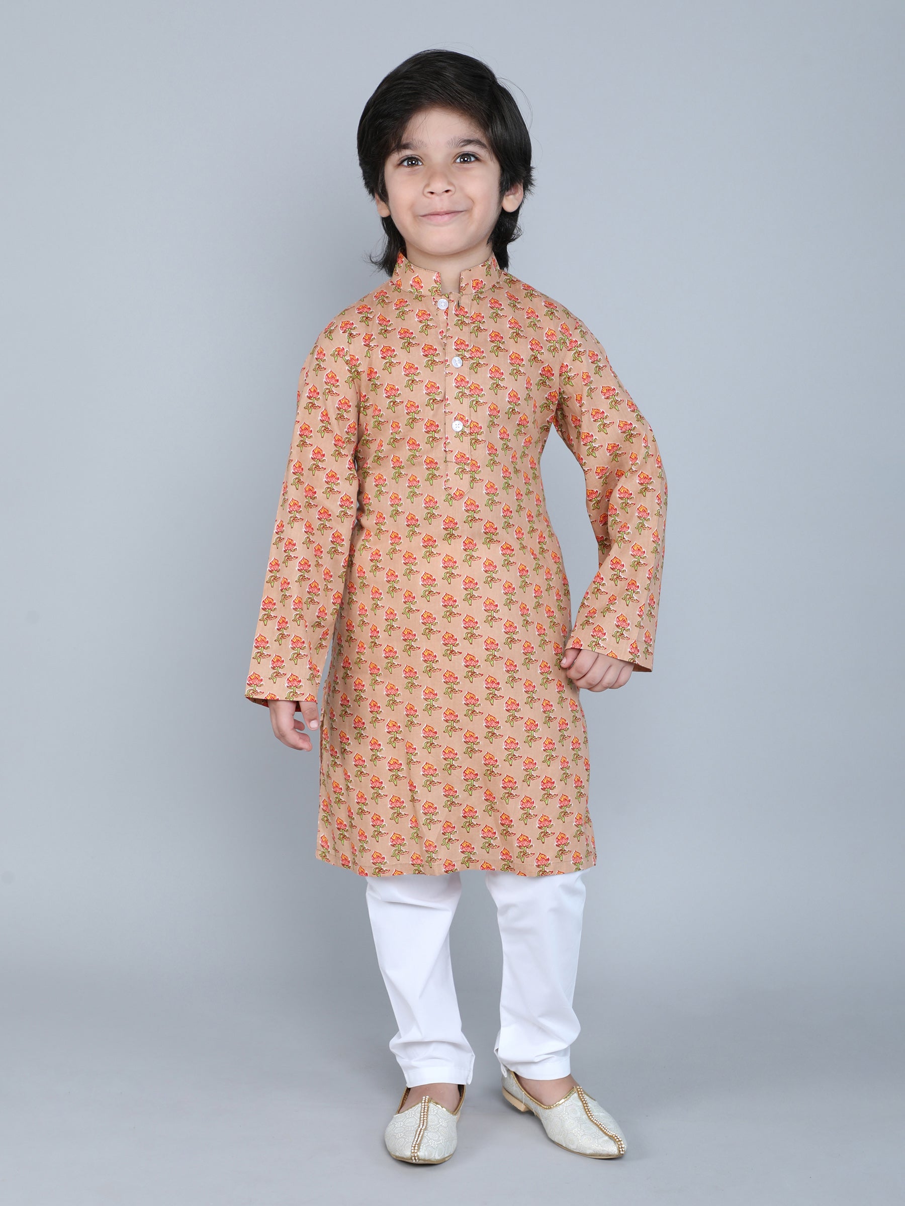 Hand Block Print Kurta Set - Beige