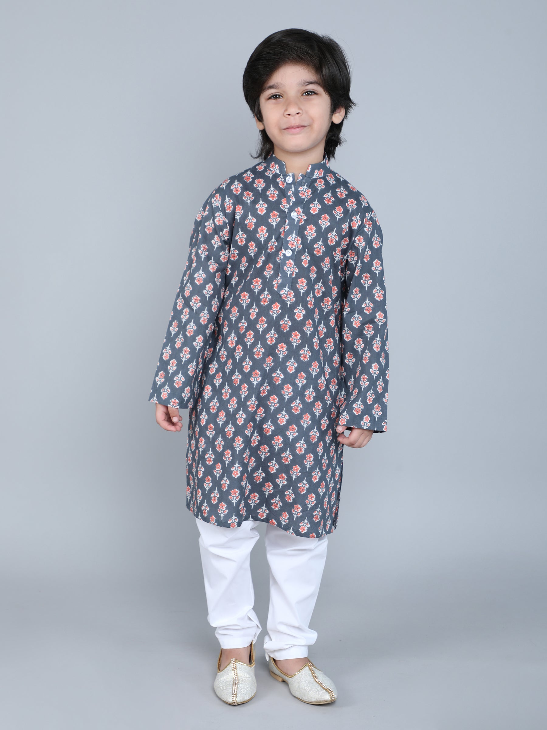 Hand Block Print Kurta Set - Grey
