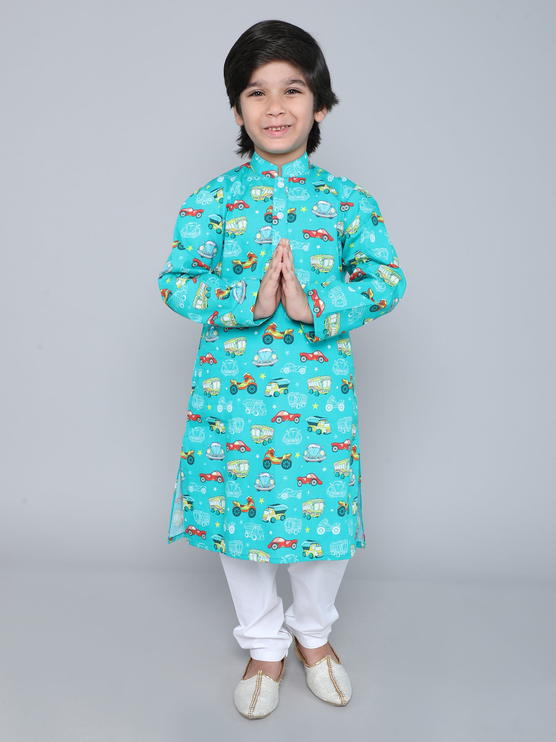 Cotton car Print Kurta Set - Teal