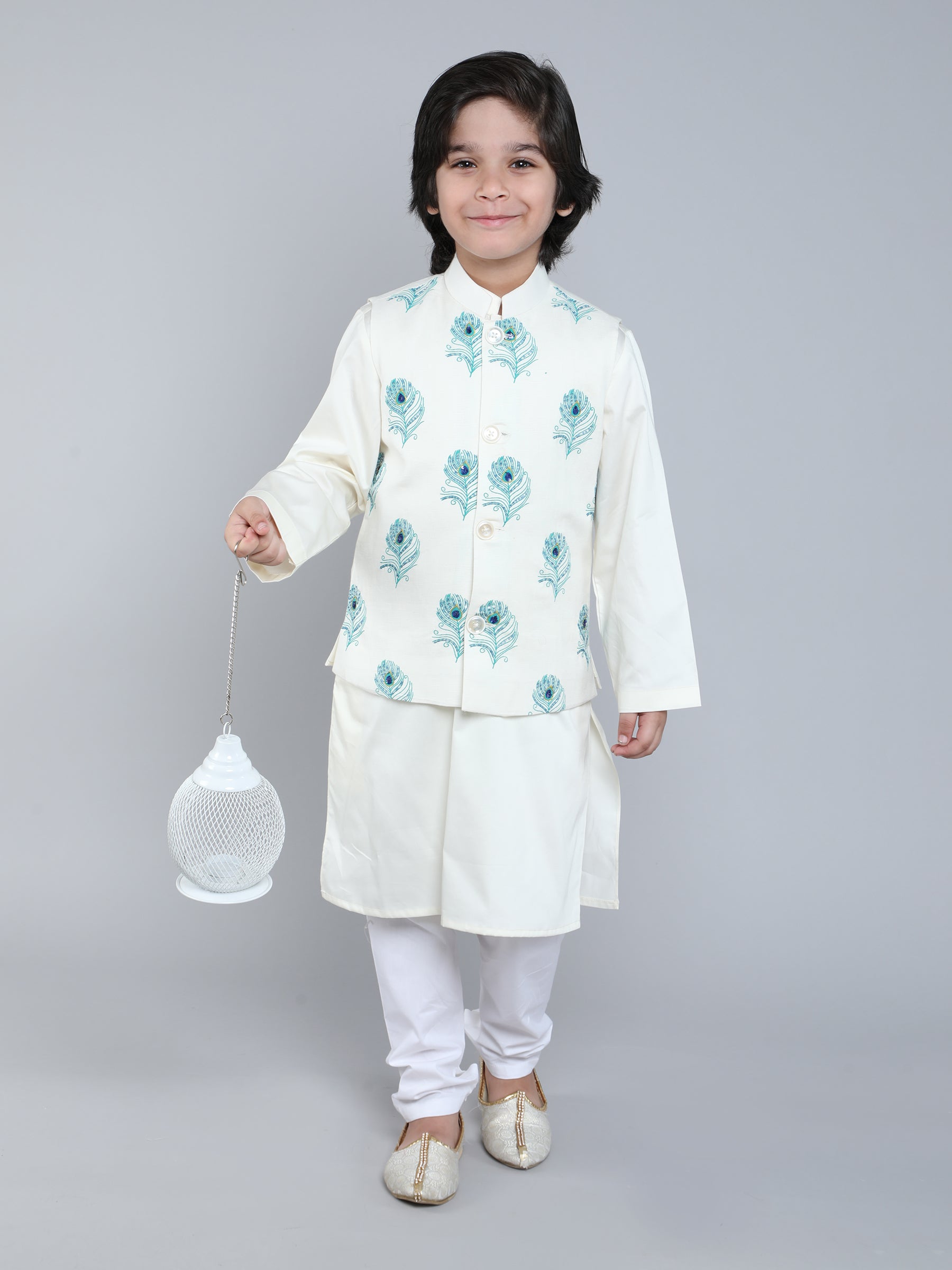 Ivory Kurta Set with Peacock Feather Embroidered Nehru Jacket