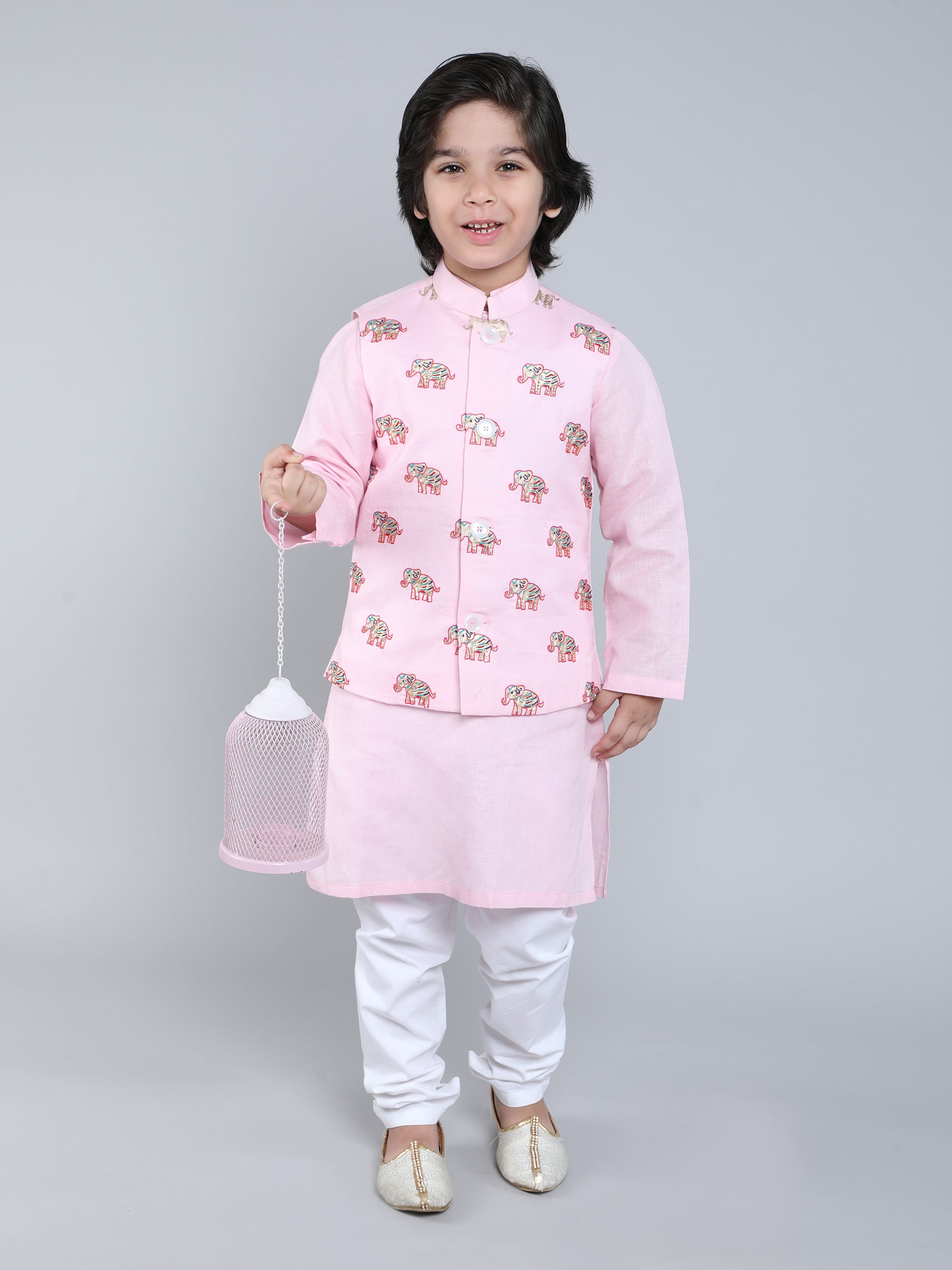 Pink Kurta Set with Embroidered Elephant Nehru Jacket