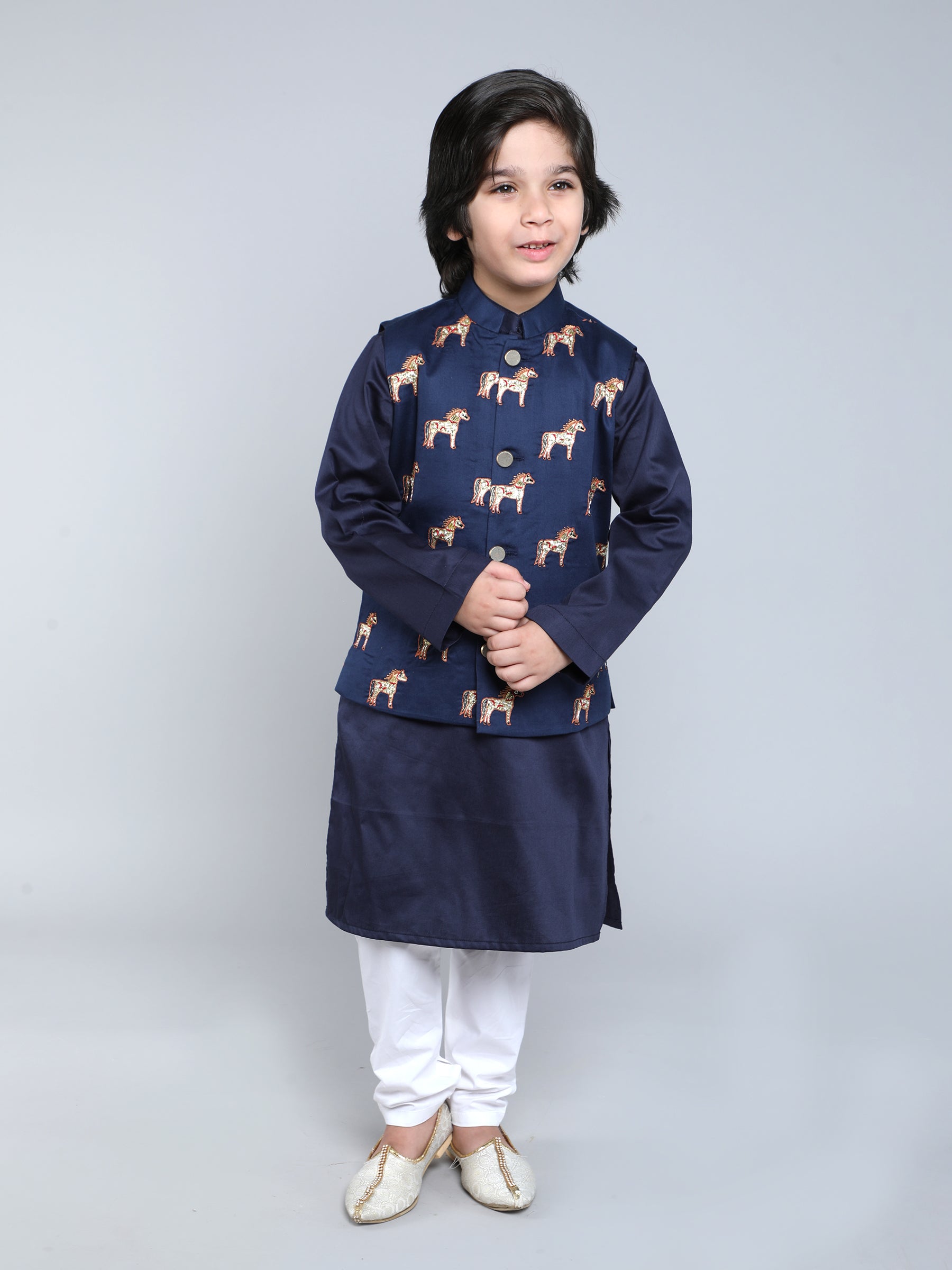 Navy Blue Kurta Set with Embroidered Horse Nehru Jacket